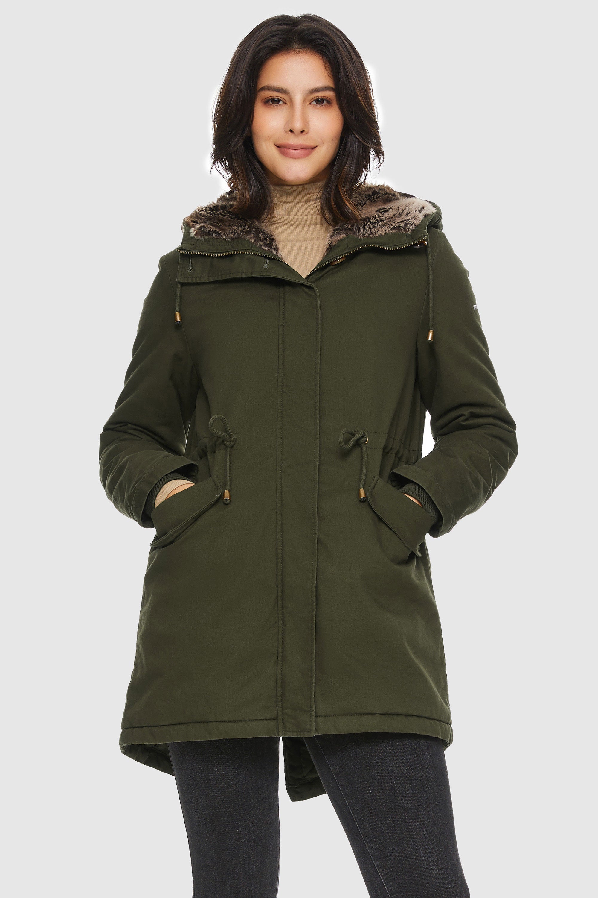 Orolay-Faux Fur Lined Military Fleece Parka-#color_Chive