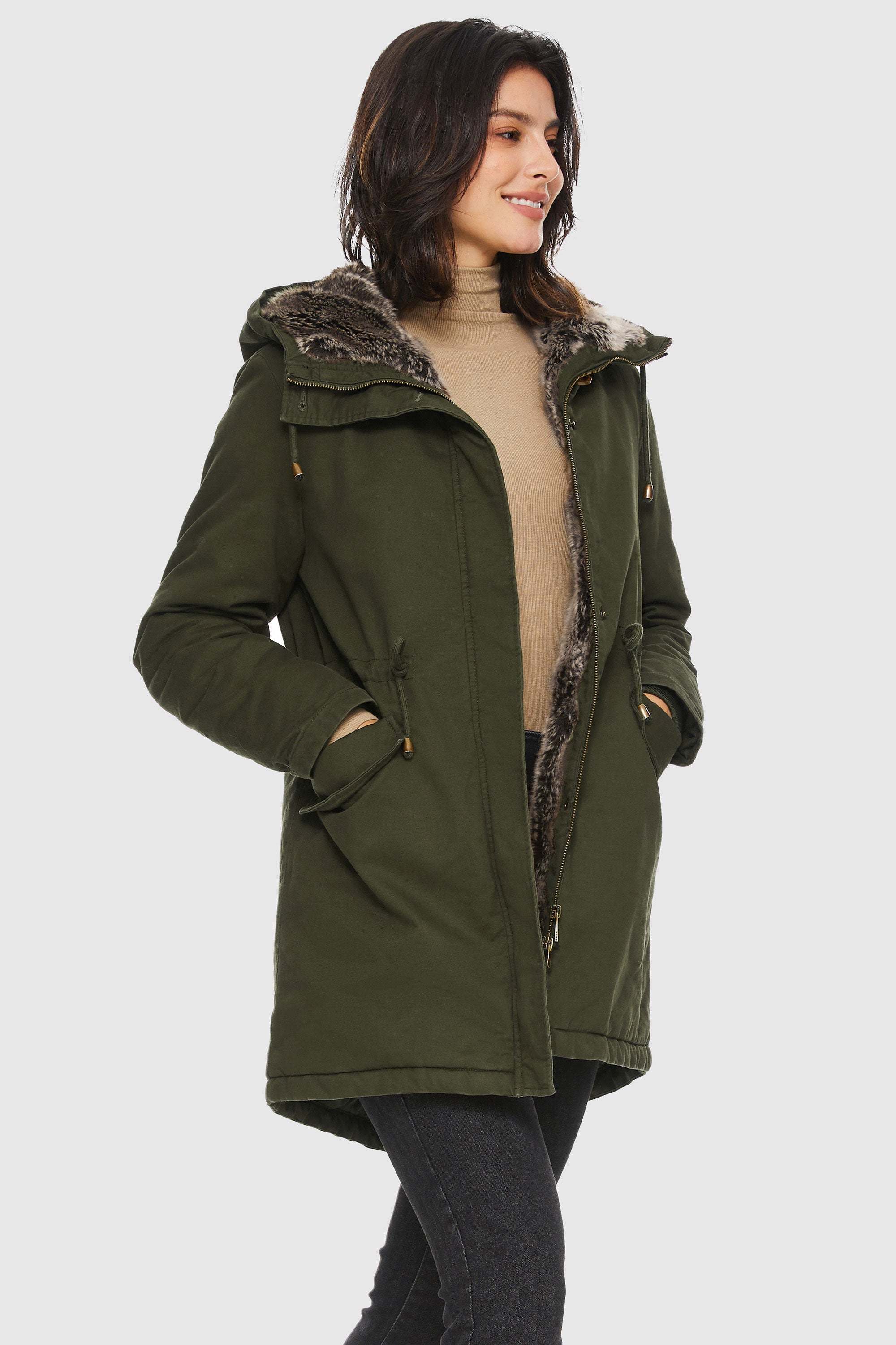 Orolay-Faux Fur Lined Military Fleece Parka-#color_Chive