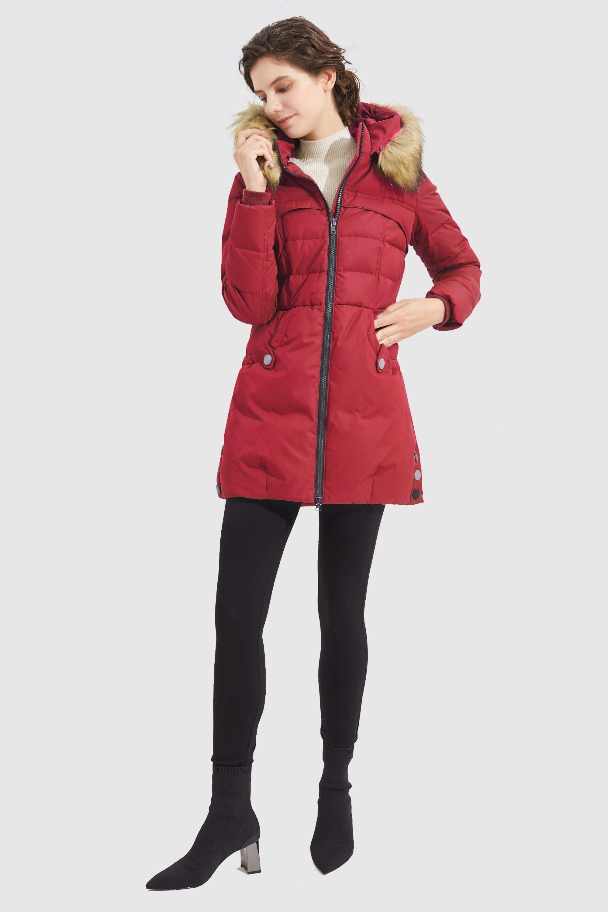 Orolay-Faux Fur Qulited Puffer Down Jacket-#color_Fiery Red