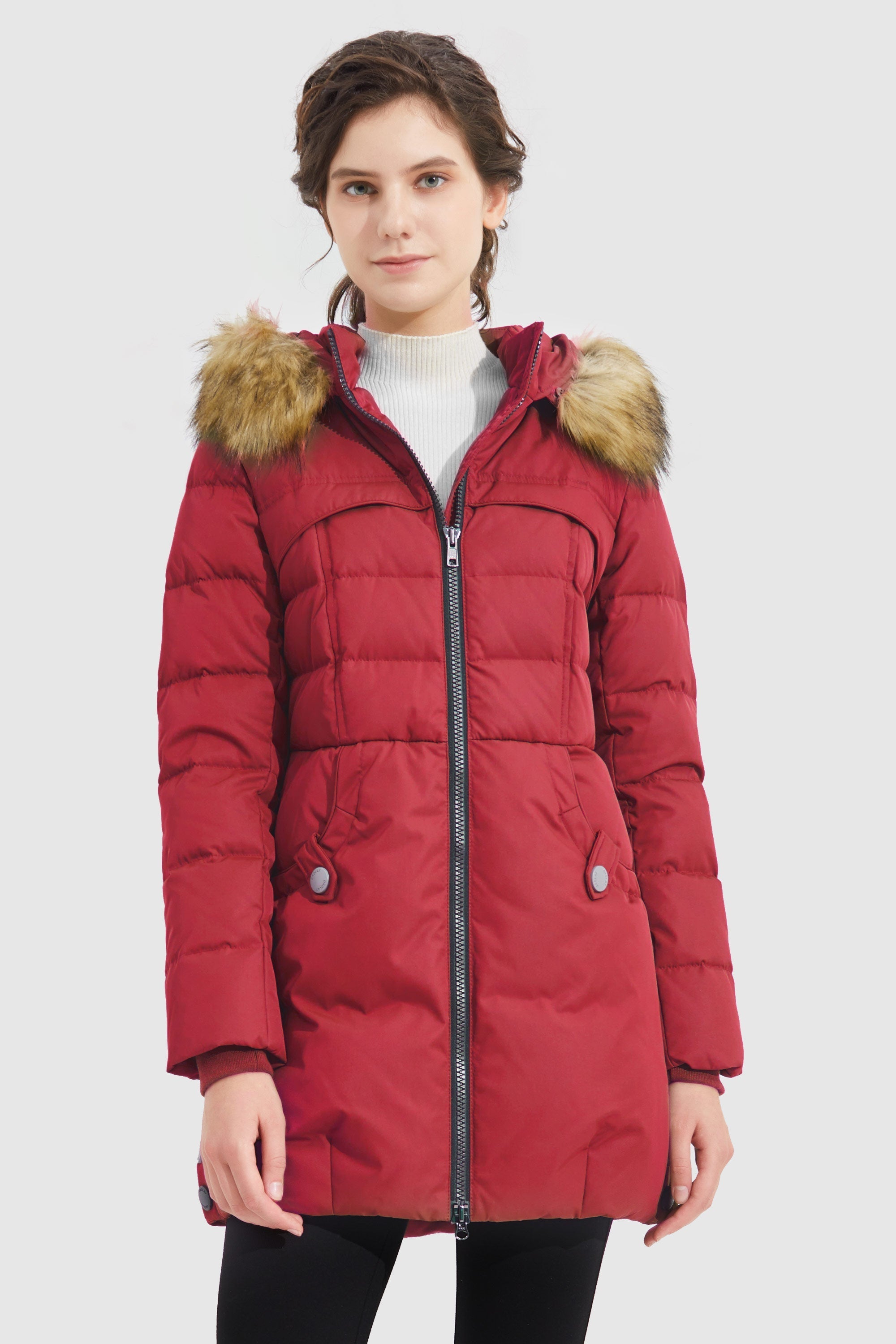 Orolay-Faux Fur Qulited Puffer Down Jacket-#color_Fiery Red