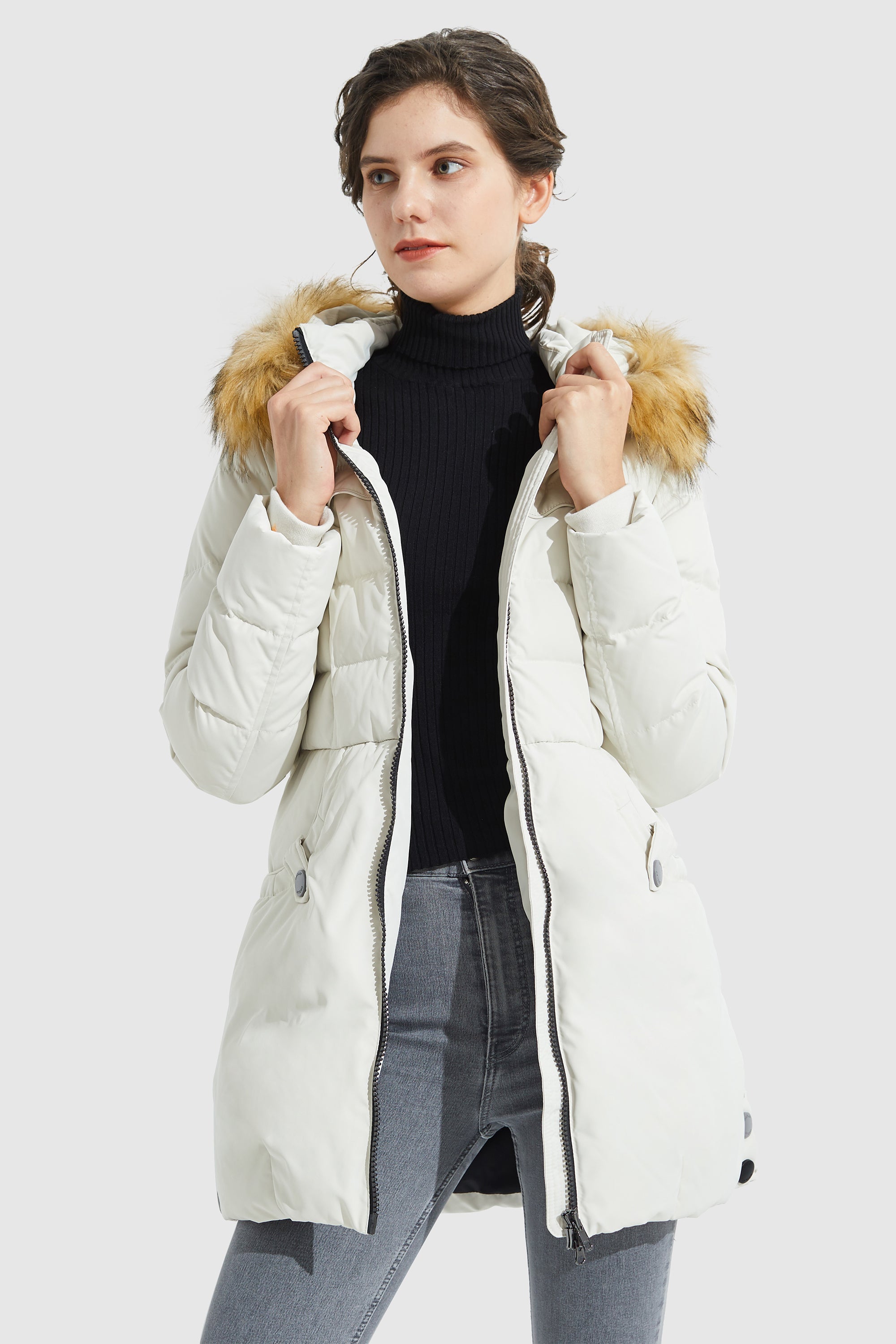 Orolay-Faux Fur Qulited Puffer Down Jacket-#color_White