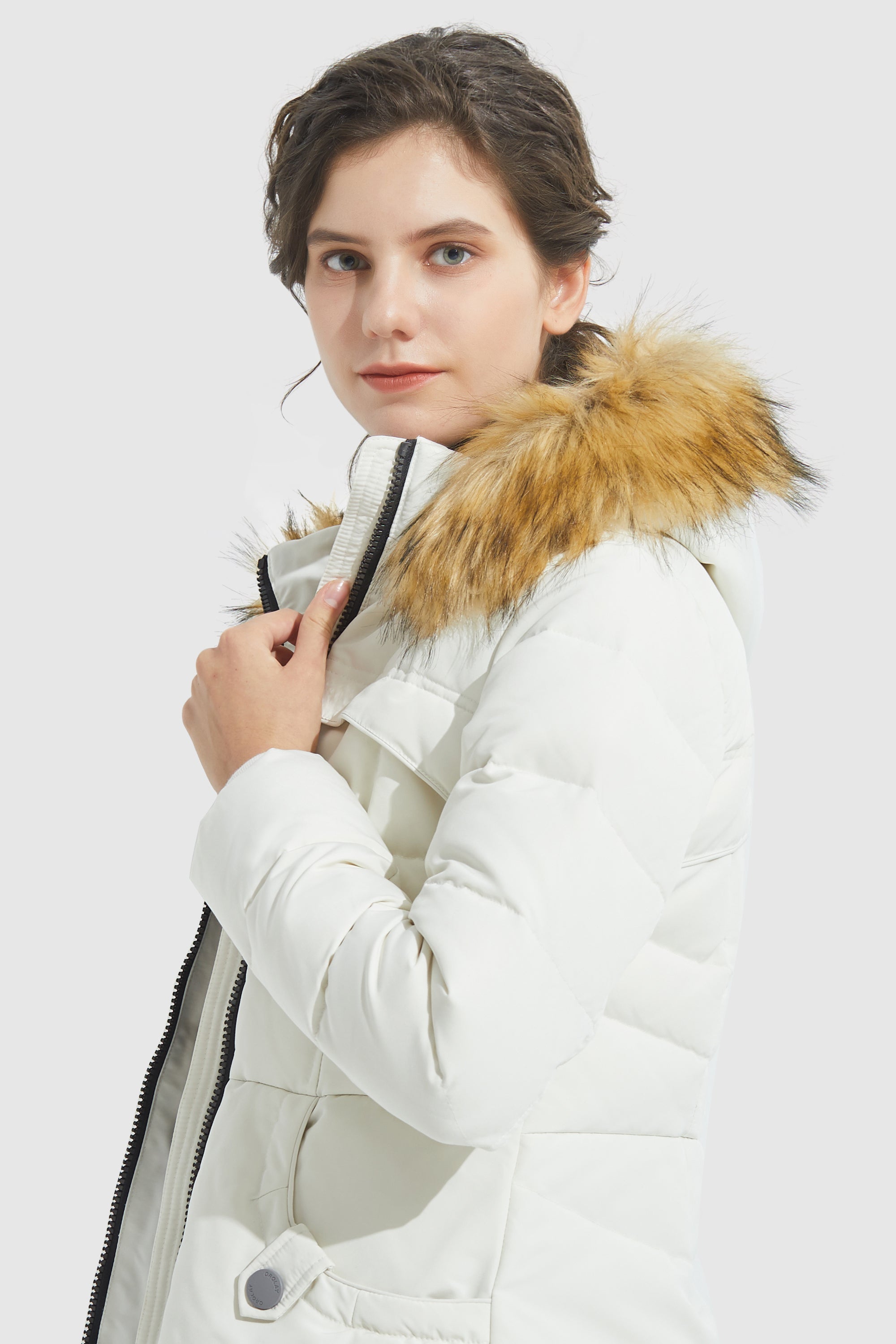 Orolay-Faux Fur Qulited Puffer Down Jacket-#color_White