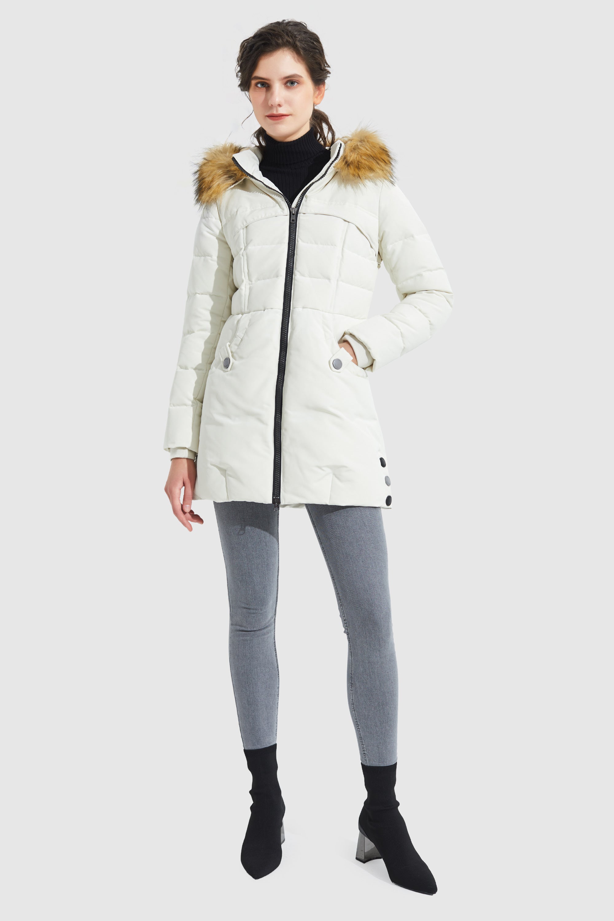 Orolay-Faux Fur Qulited Puffer Down Jacket-#color_White