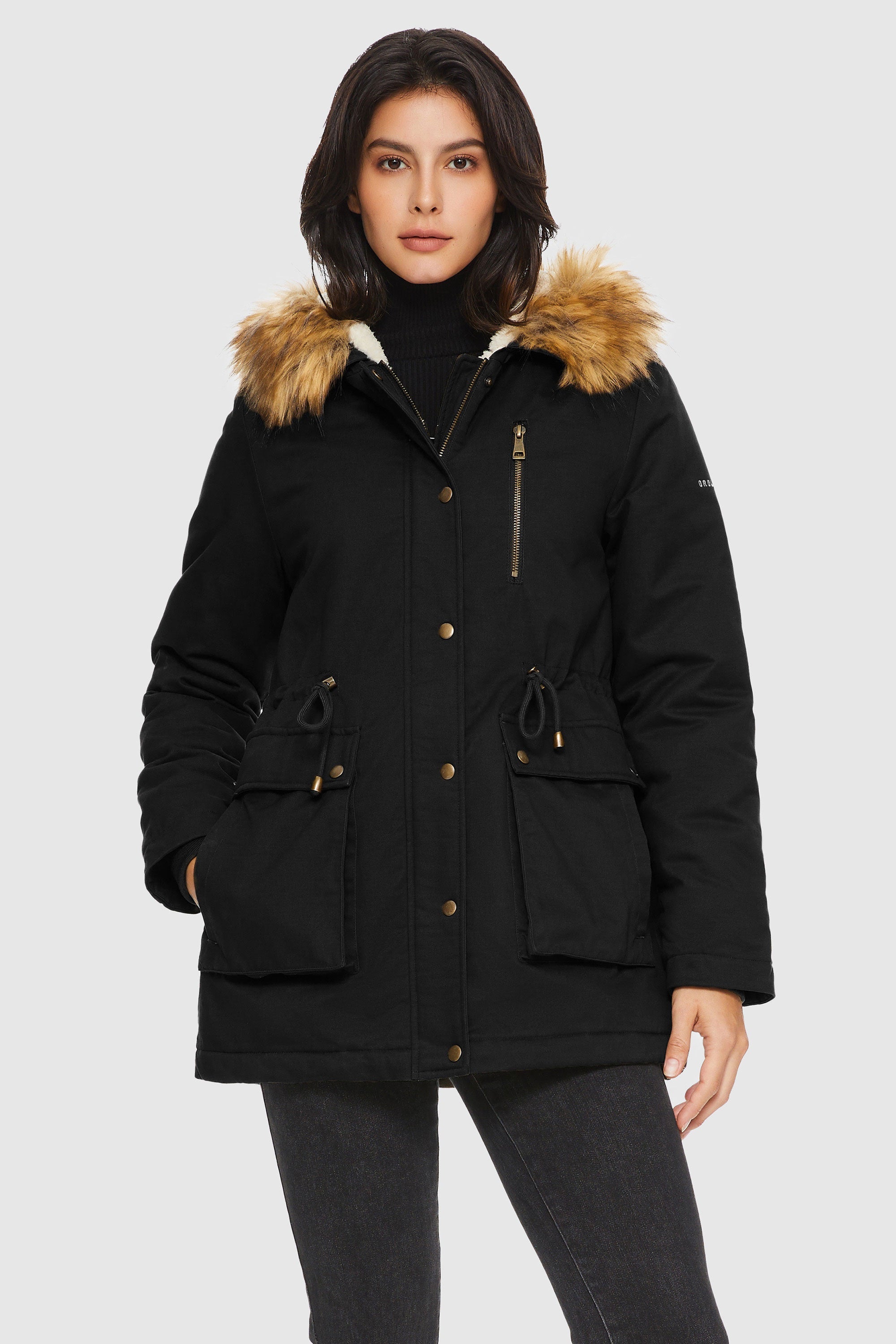 Orolay-Faux Fur Thickened Hooded Parka Jacket-#color_Black