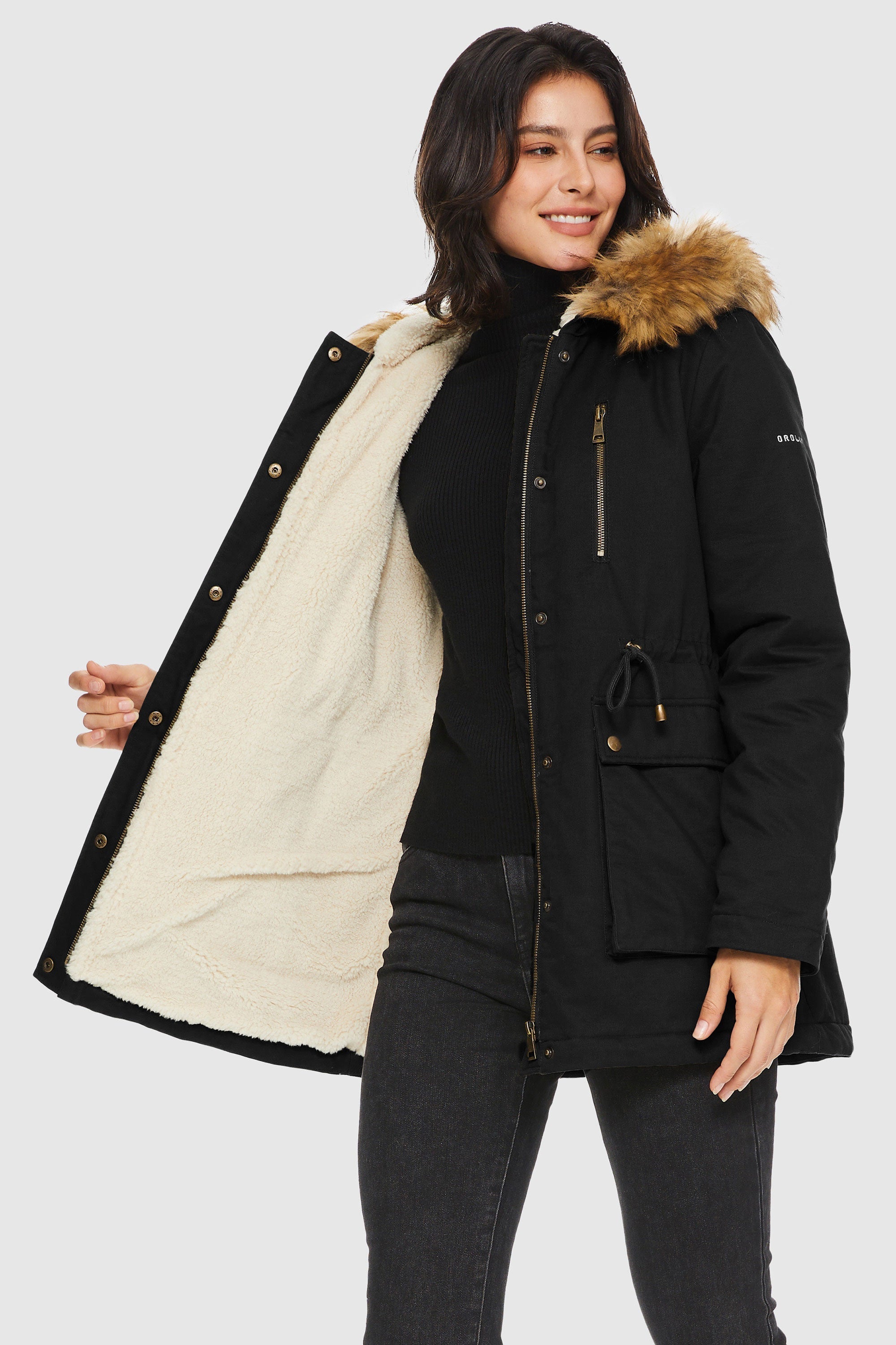 Orolay-Faux Fur Thickened Hooded Parka Jacket-#color_Black