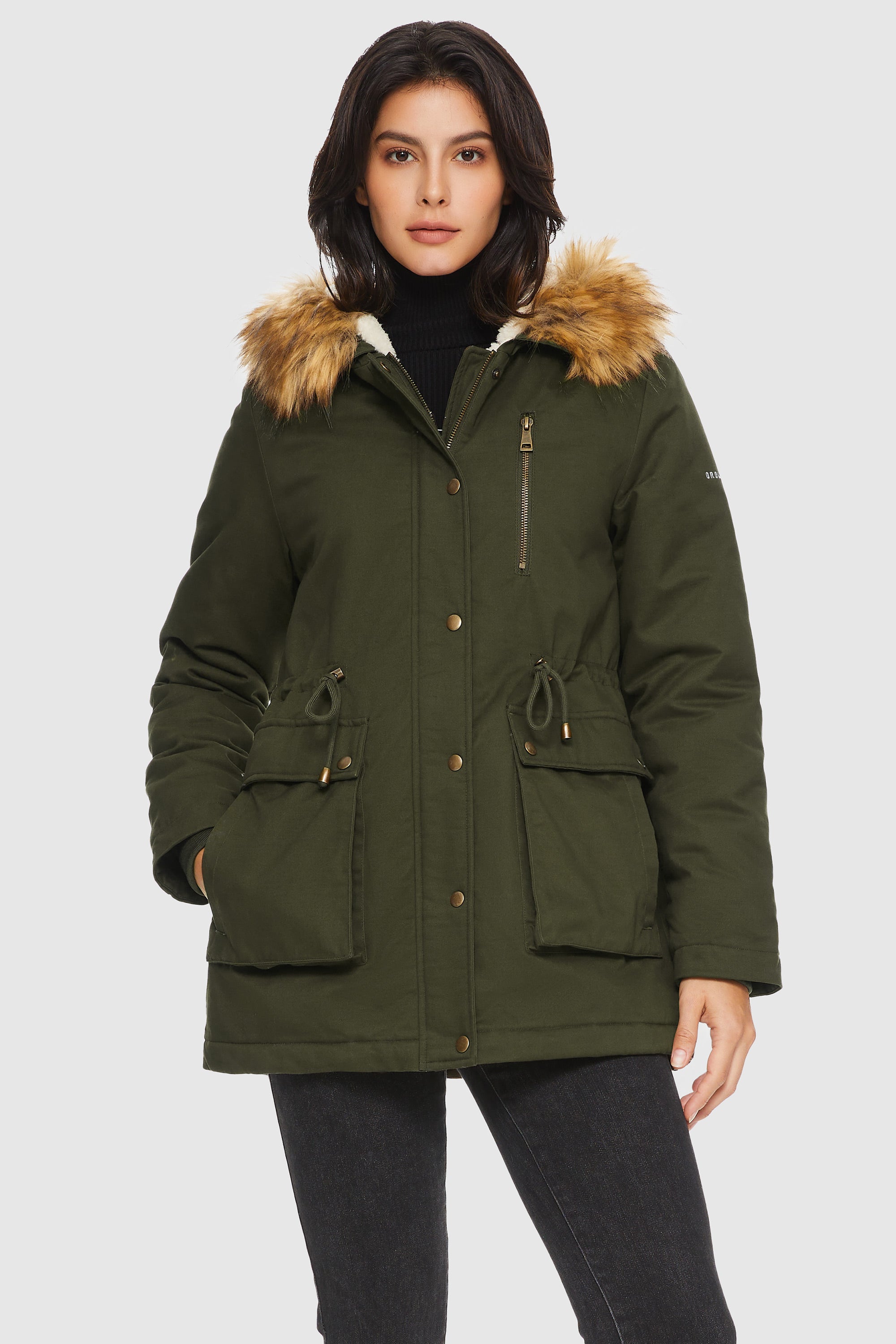 Orolay-Faux Fur Thickened Hooded Parka Jacket-#color_Deep Forest