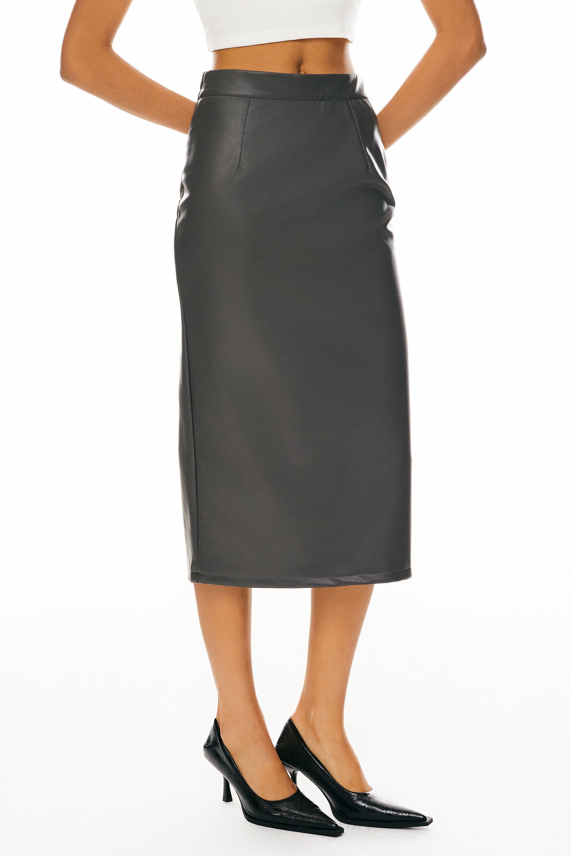 Orolay-Faux Leather Pencil Skirts-Image 2 of Faux Leather Pencil Skirts from Orolay - #color_Gray