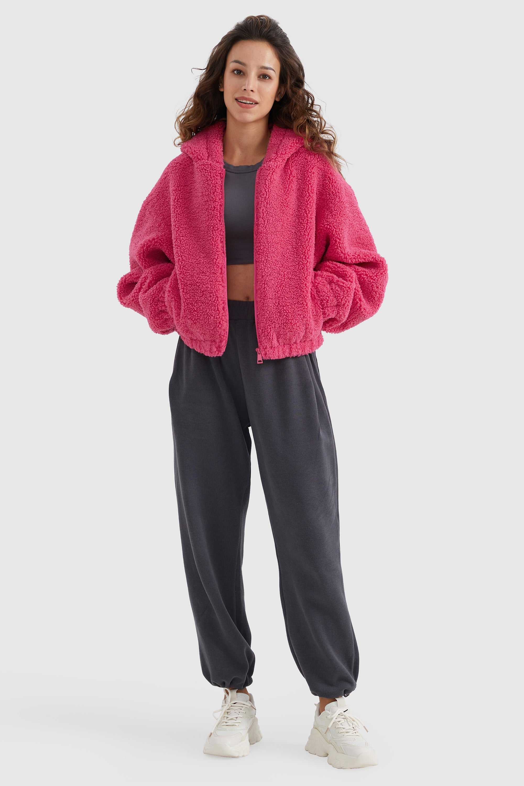 Orolay-Fleece Cropped Drop Shoulder Coat-#color_Rethink Pink