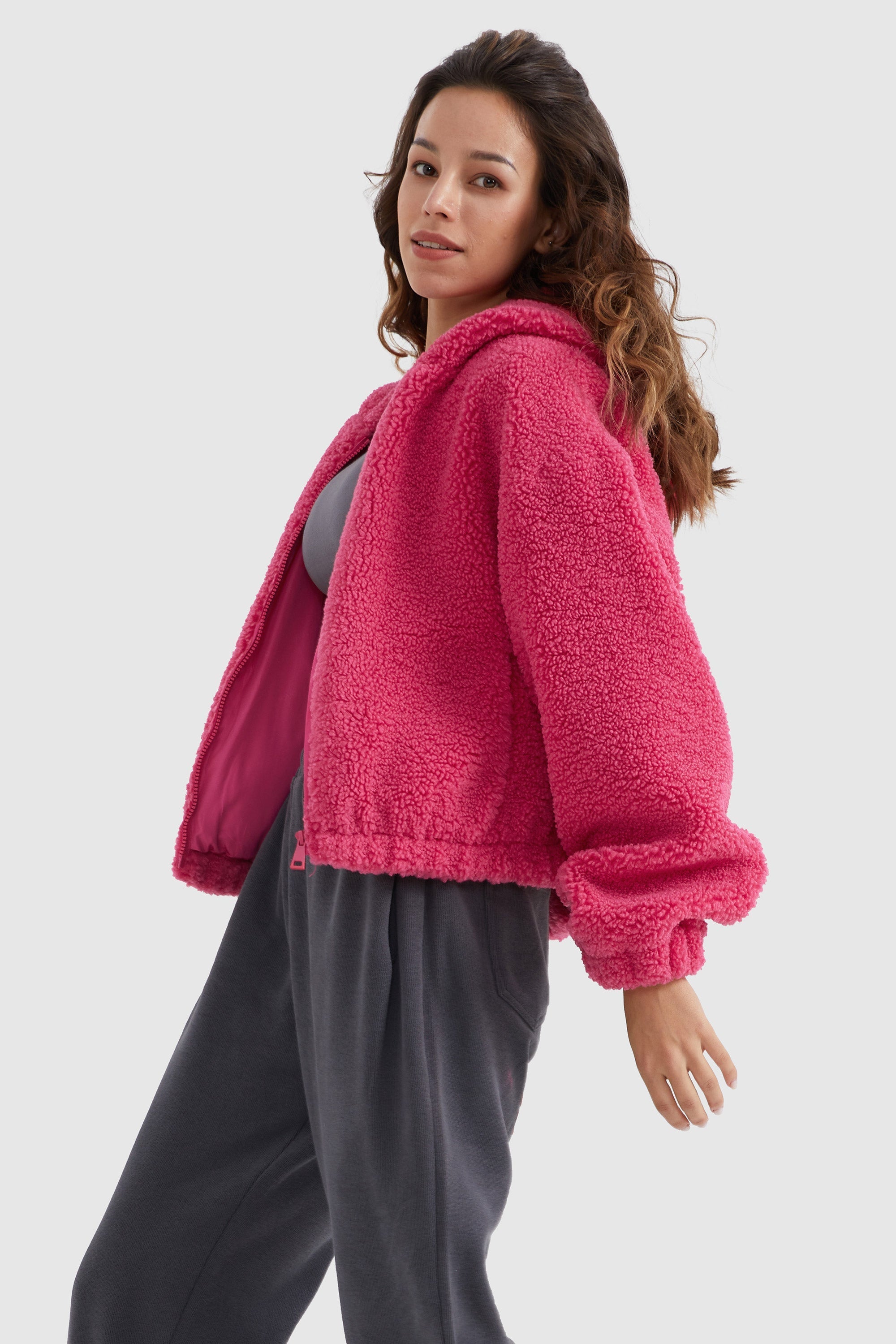 Orolay-Fleece Cropped Drop Shoulder Coat-#color_Rethink Pink