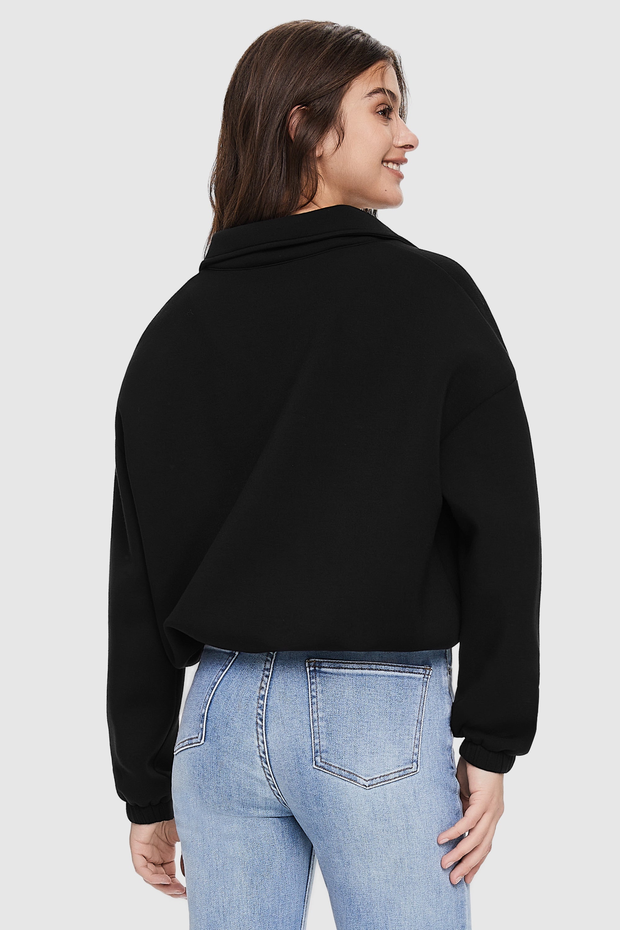 Orolay-Full Zip Cropped Sweatshirt-Image 4 of Full Zip Cropped Sweatshirt from Orolay - #color_Black