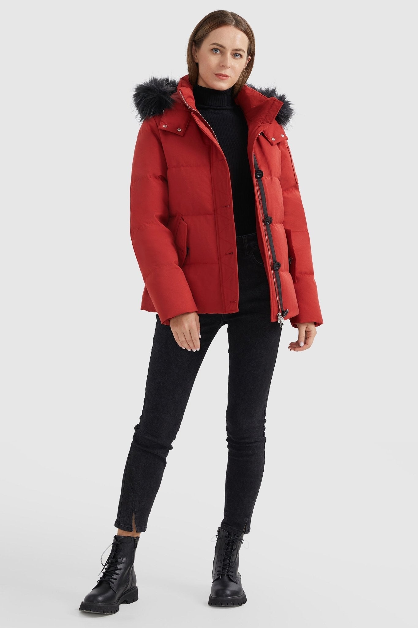 Orolay-Fur Trim Hood Windproof Down Parka with Stand Collar-Fur Trim Hood Windproof Down Parka with Stand Collar - Orolay, #color_Racing Red