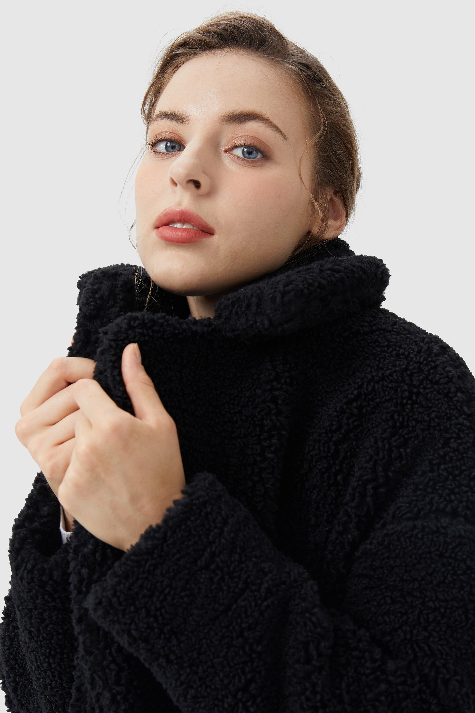 Orolay-Fuzzy Fleece Lapel Down Coat-#color_Black