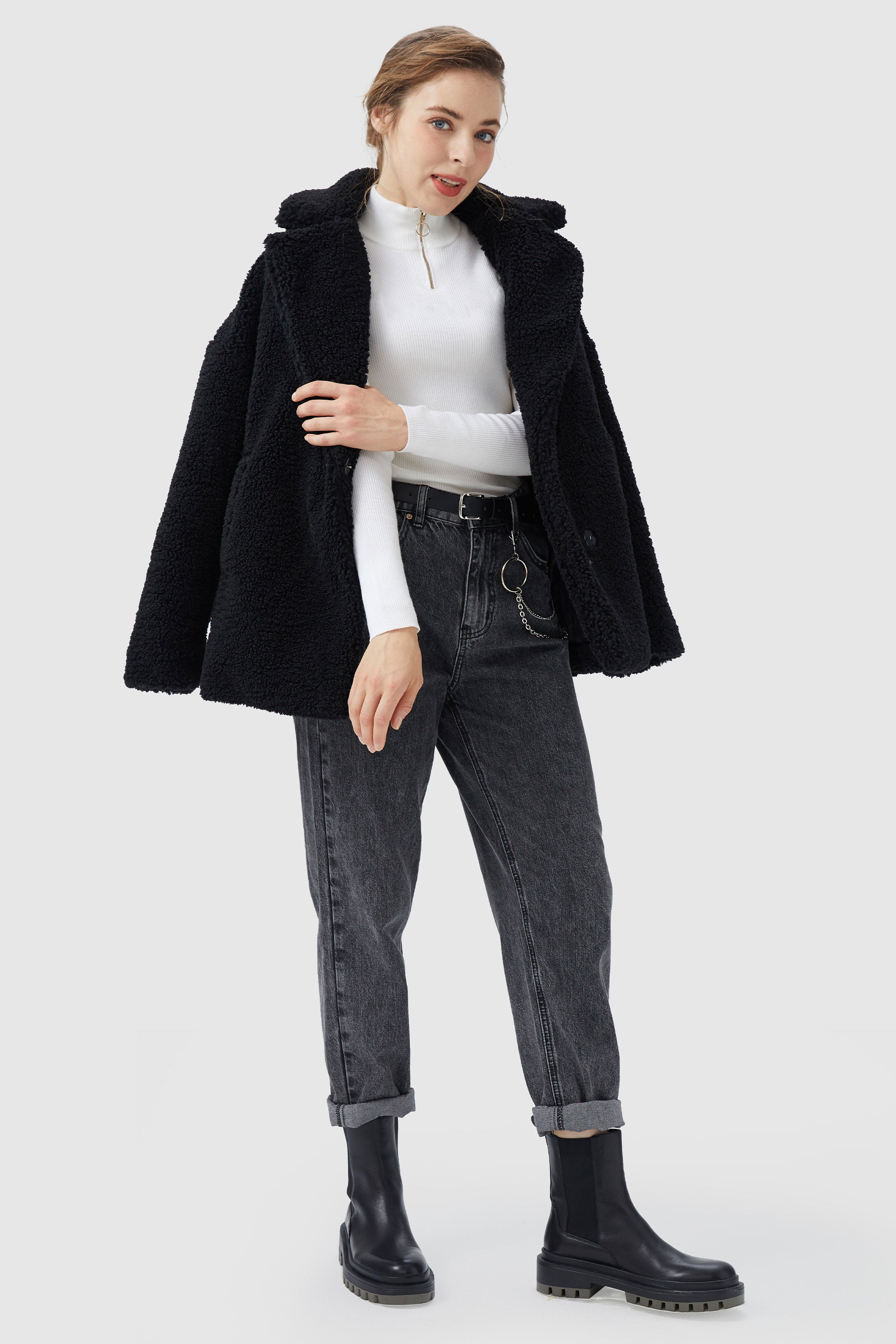 Orolay-Fuzzy Fleece Lapel Down Coat-#color_Black