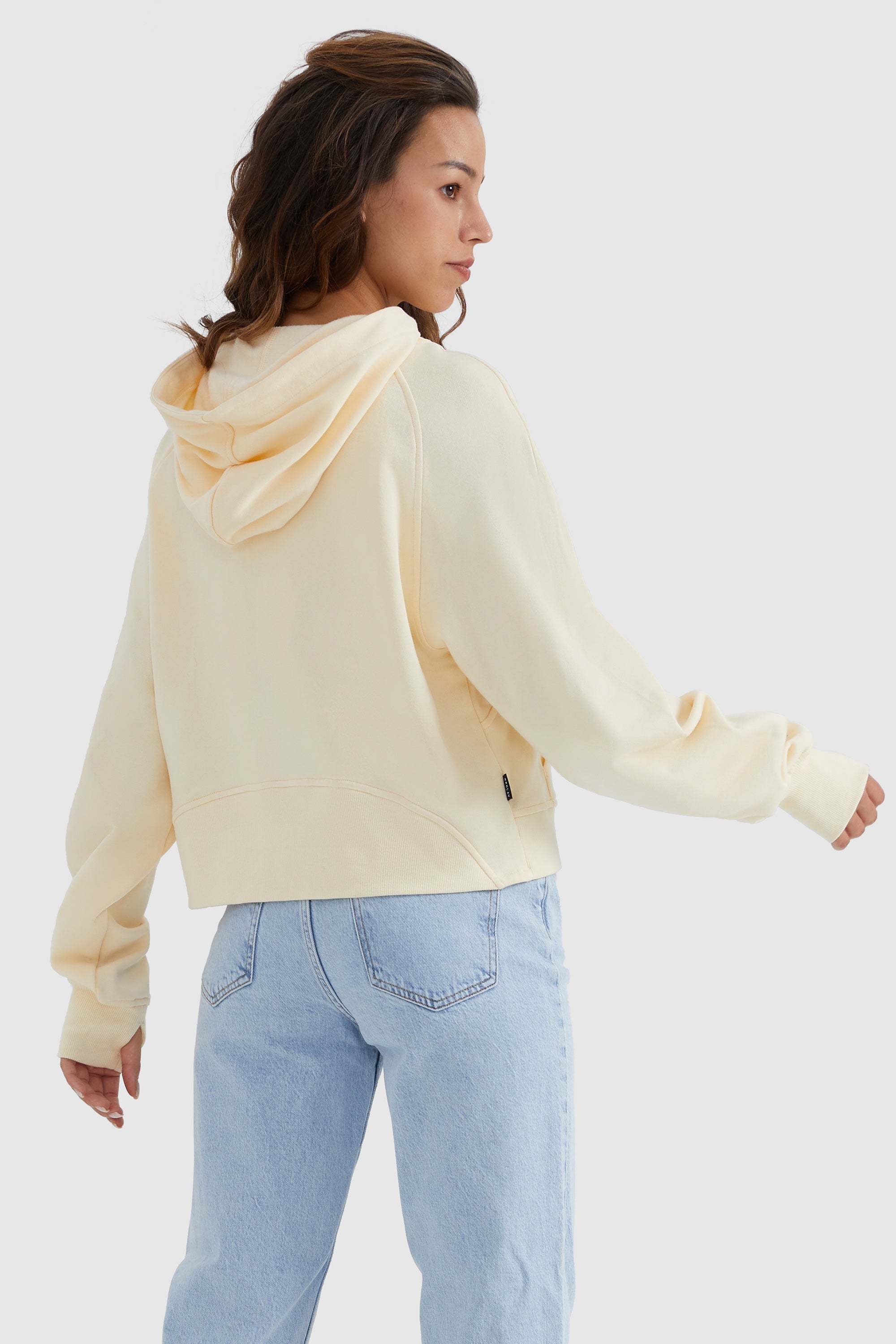 Orolay-Half-Zip Kangaroo Pocket Cropped Sweatshirt-#color_Almond Oil