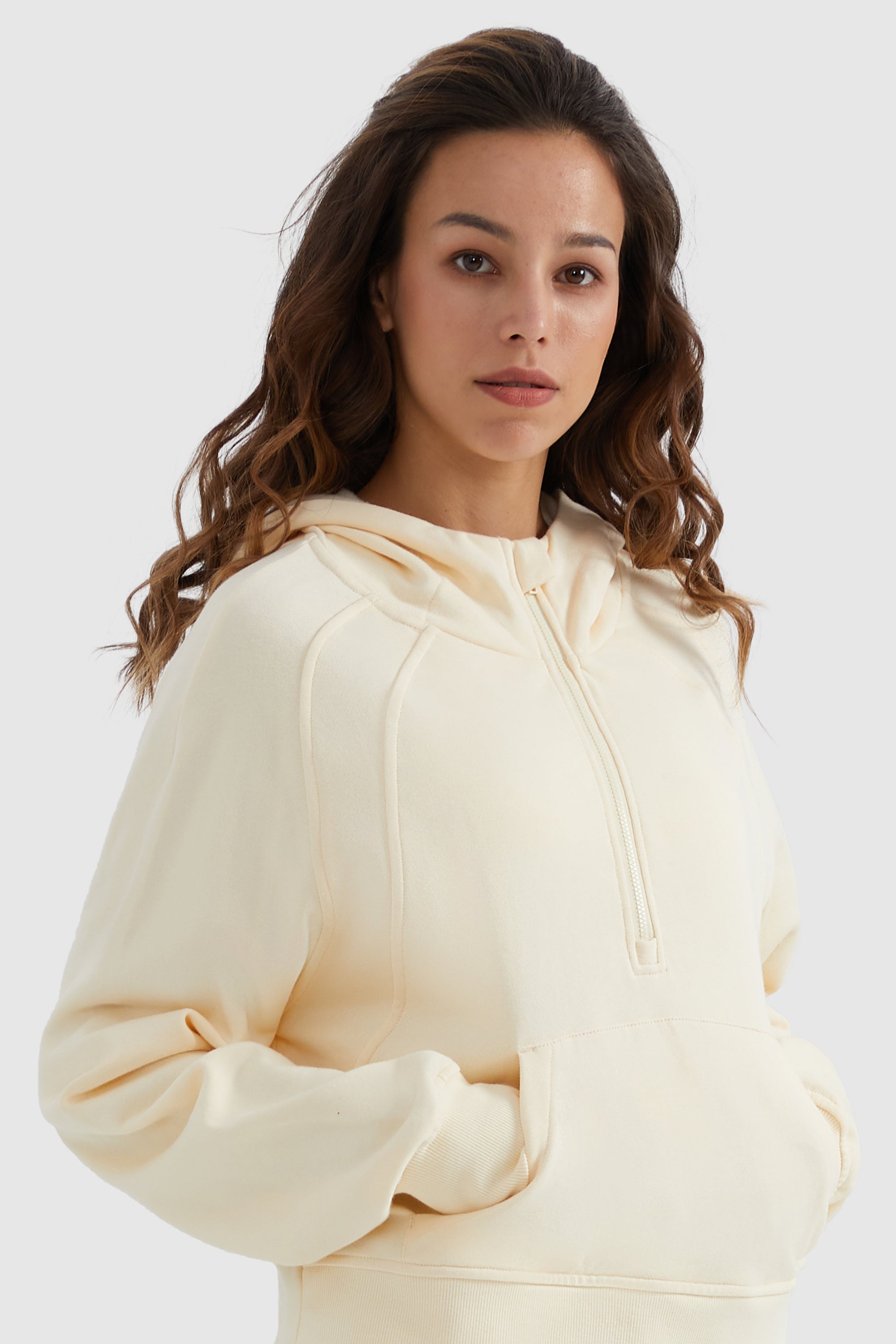 Orolay-Half-Zip Kangaroo Pocket Cropped Sweatshirt-#color_Almond Oil