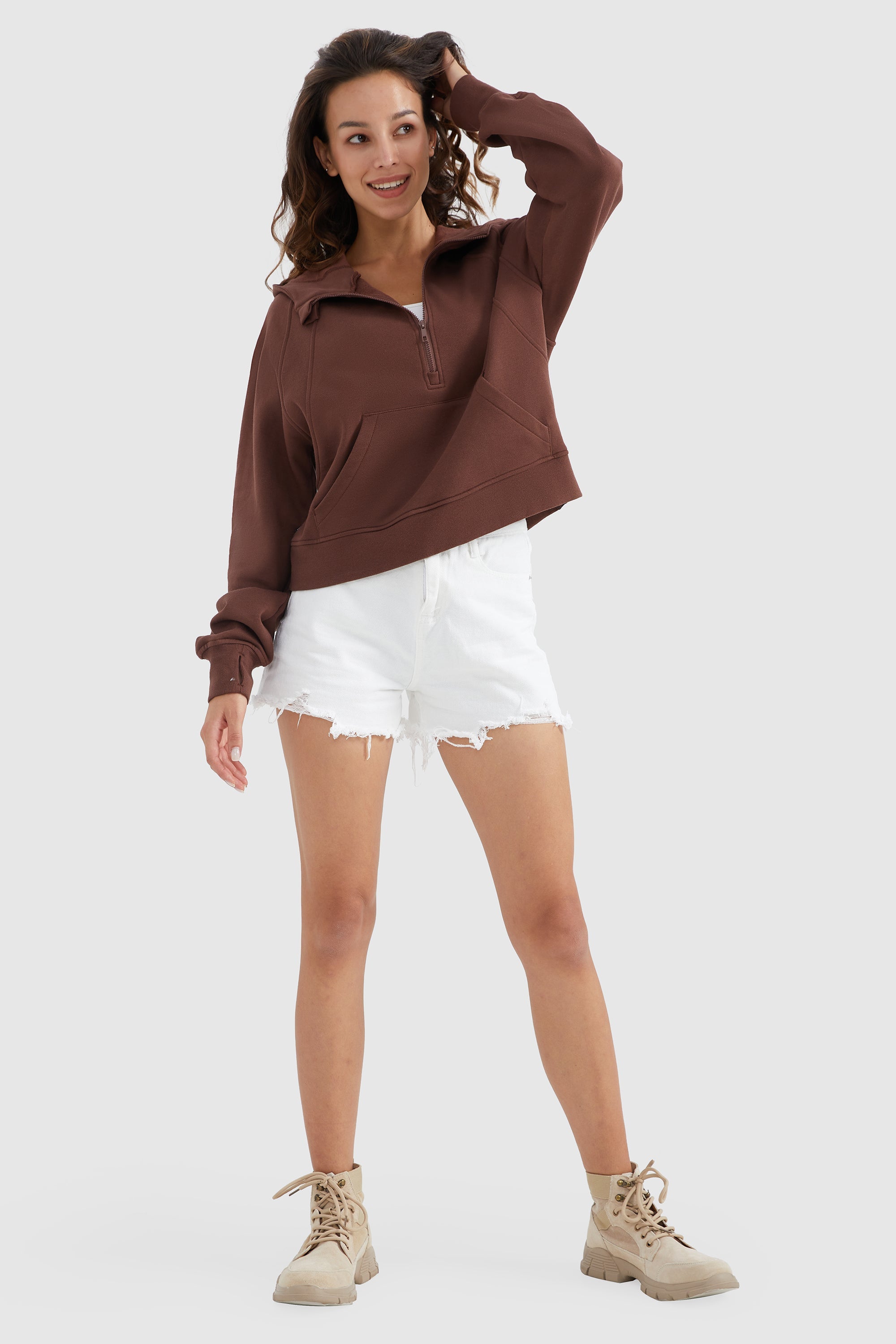 Orolay-Half-Zip Kangaroo Pocket Cropped Sweatshirt-#color_Nuthatch