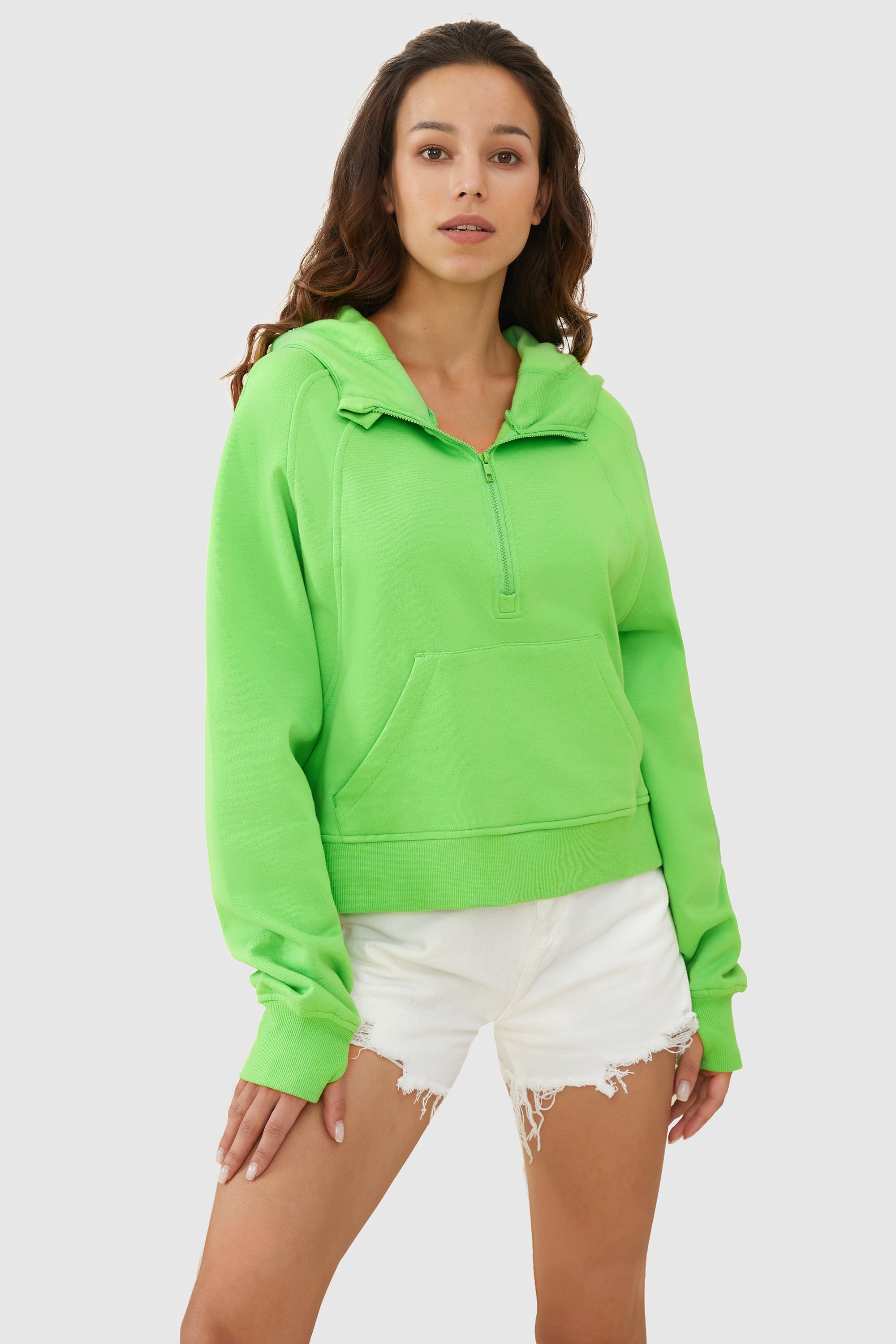 Orolay-Half-Zip Kangaroo Pocket Cropped Sweatshirt-#color_Green Flash