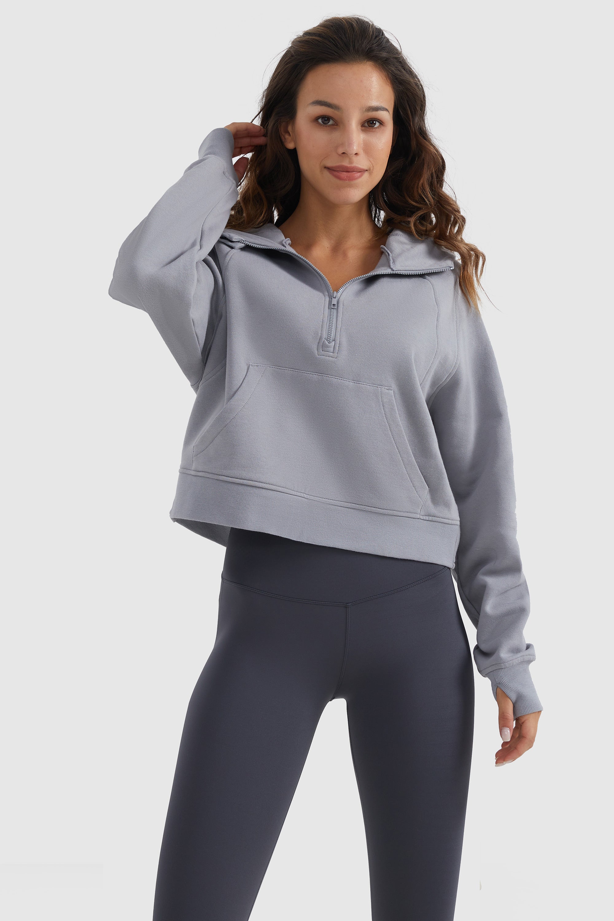 Orolay-Half-Zip Kangaroo Pocket Cropped Sweatshirt-#color_Gull Gray