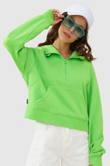 Orolay-Half-Zip Kangaroo Pocket Cropped Sweatshirt-#color_Green Flash