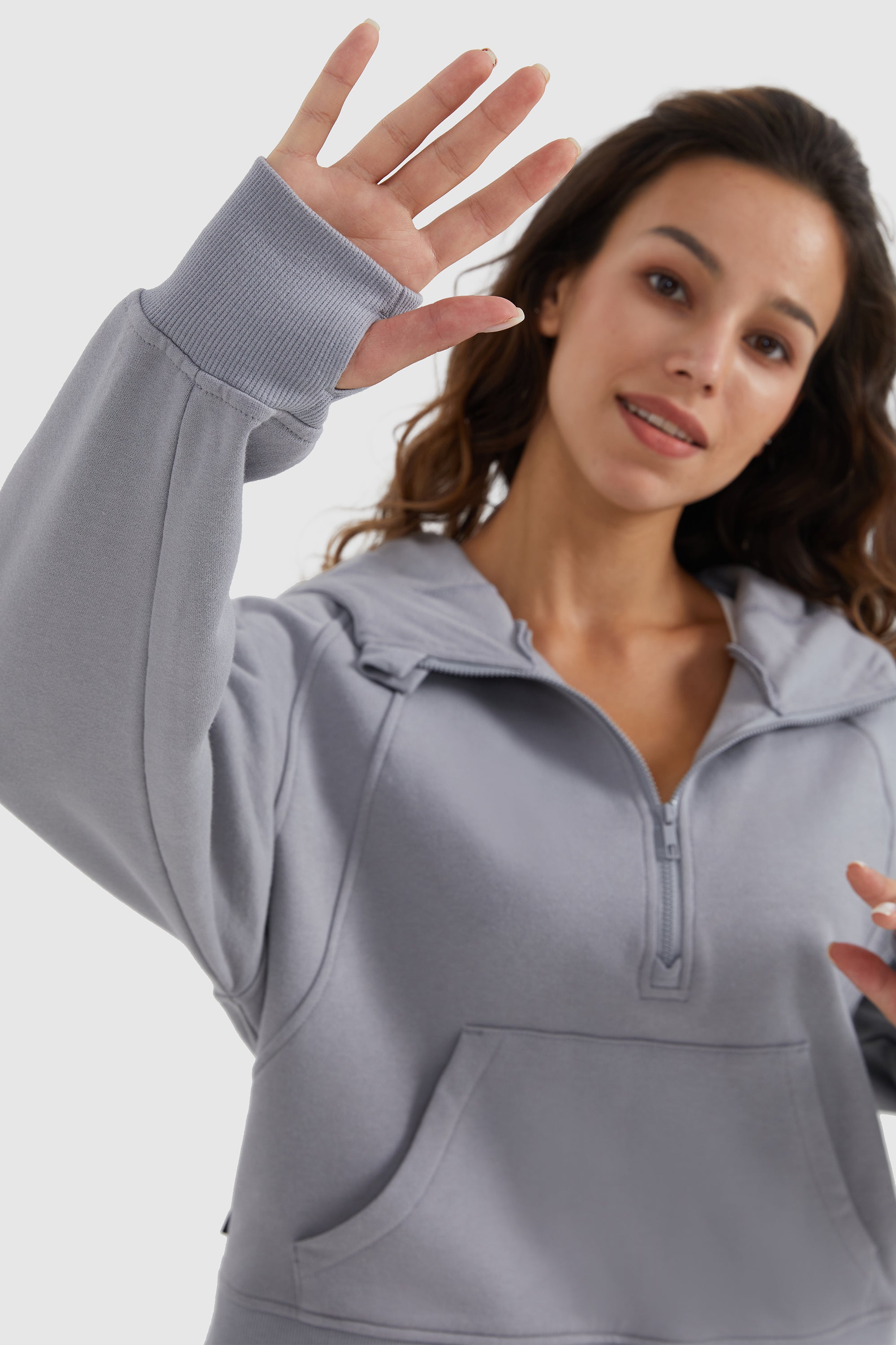 Orolay-Half-Zip Kangaroo Pocket Cropped Sweatshirt-#color_Gull Gray