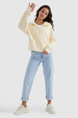 Orolay-Half-Zip Kangaroo Pocket Cropped Sweatshirt-#color_Almond Oil