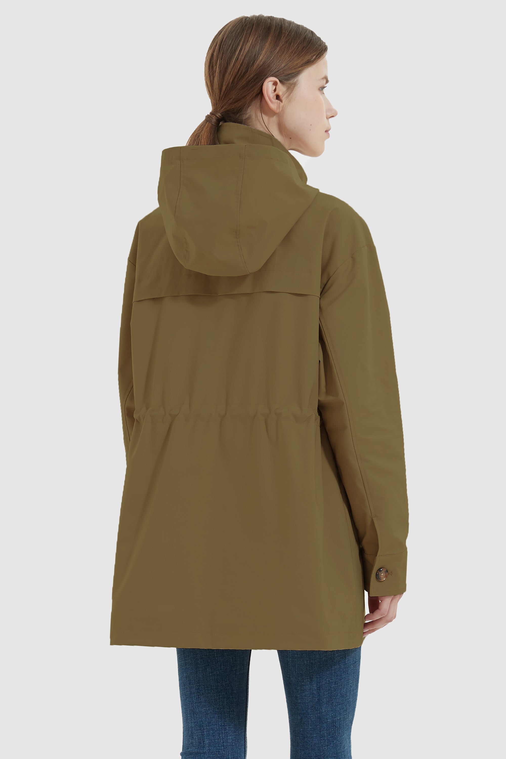 Orolay-Hooded Drawstring Waist Windbreaker-#color_Breen