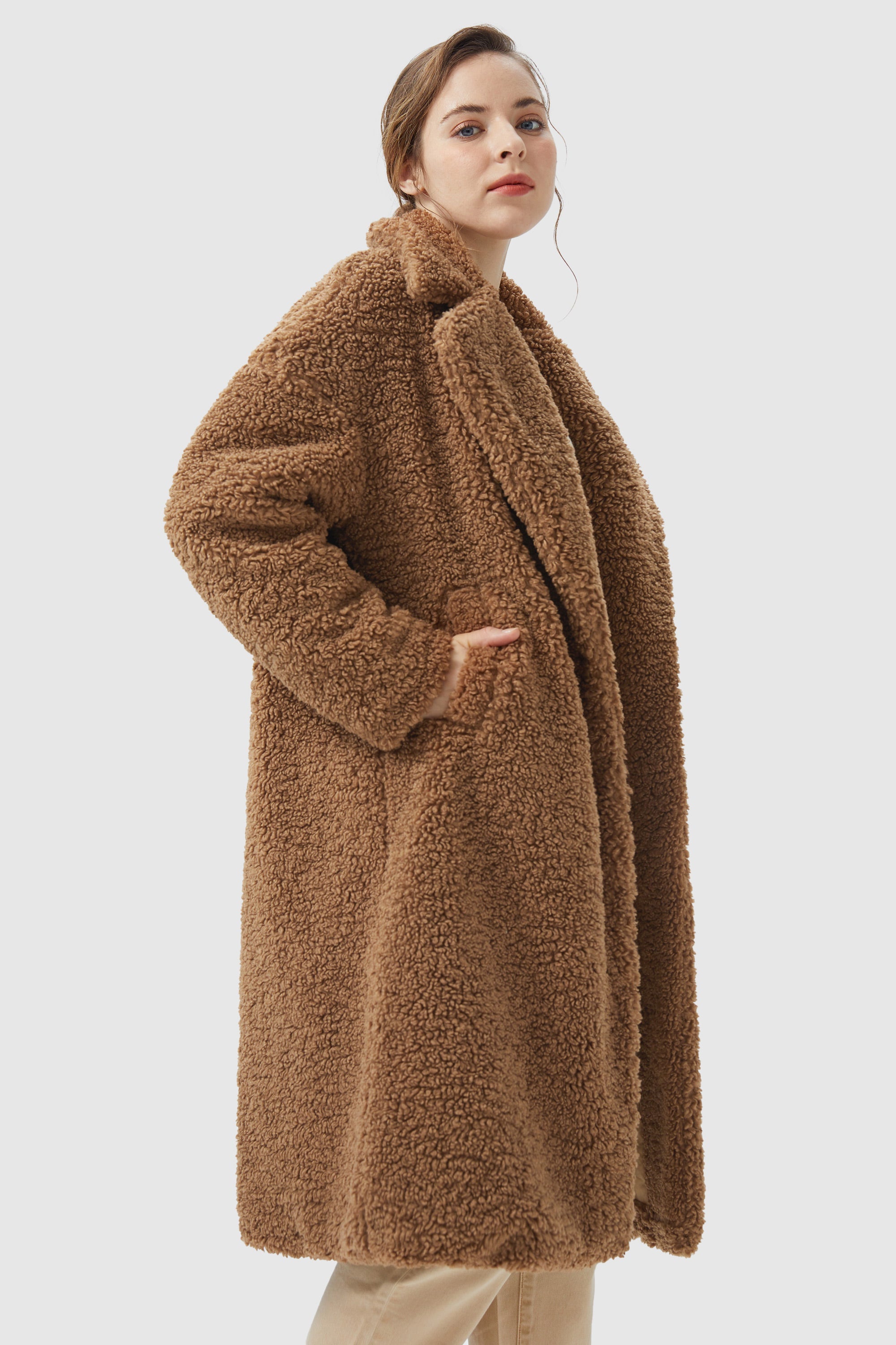 Orolay-Knee-Length Fleece Lapel Down Coat-#color_Nuthatch