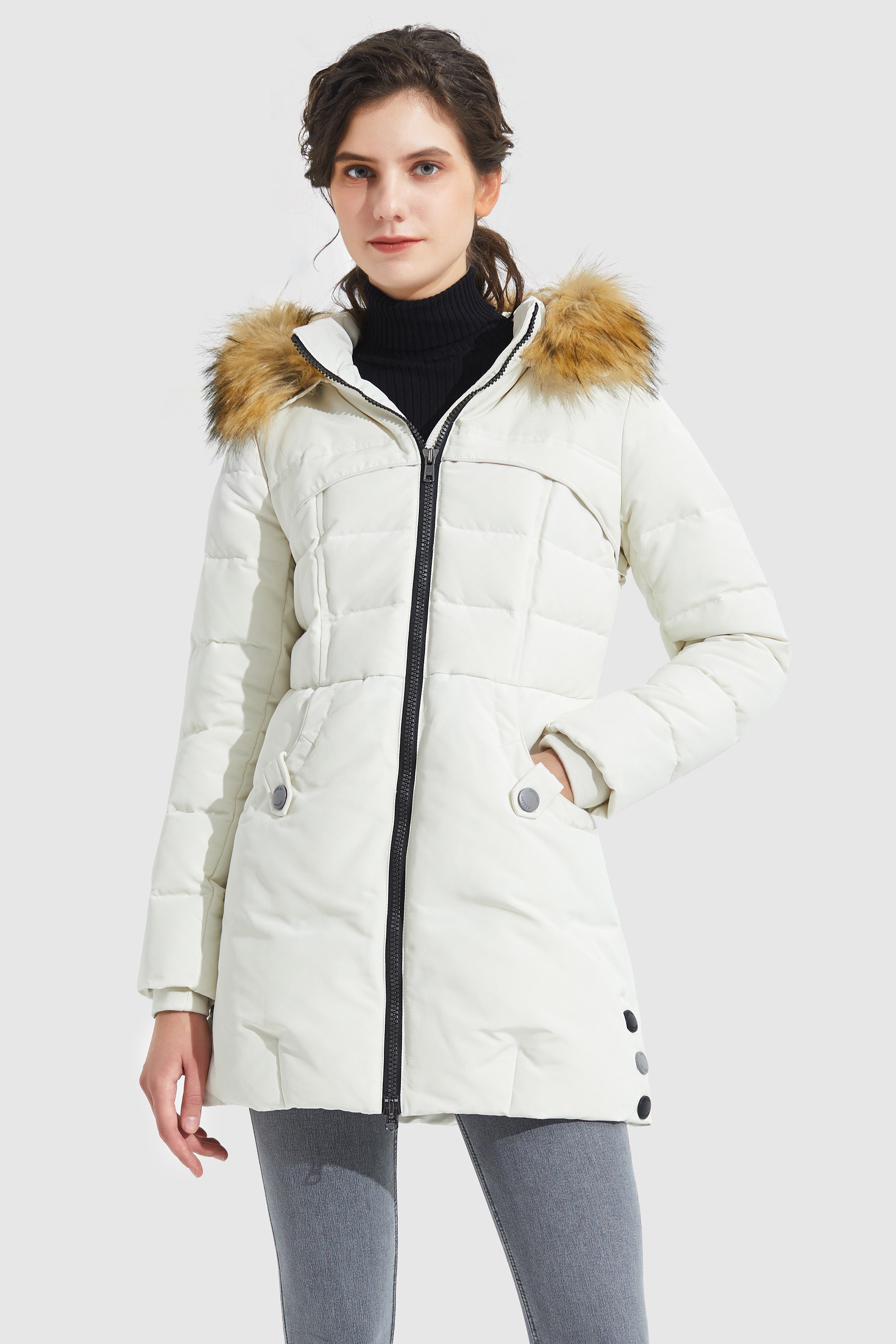 Orolay-Light Down Jacket Fur Trim Hooded Coat-#color_White