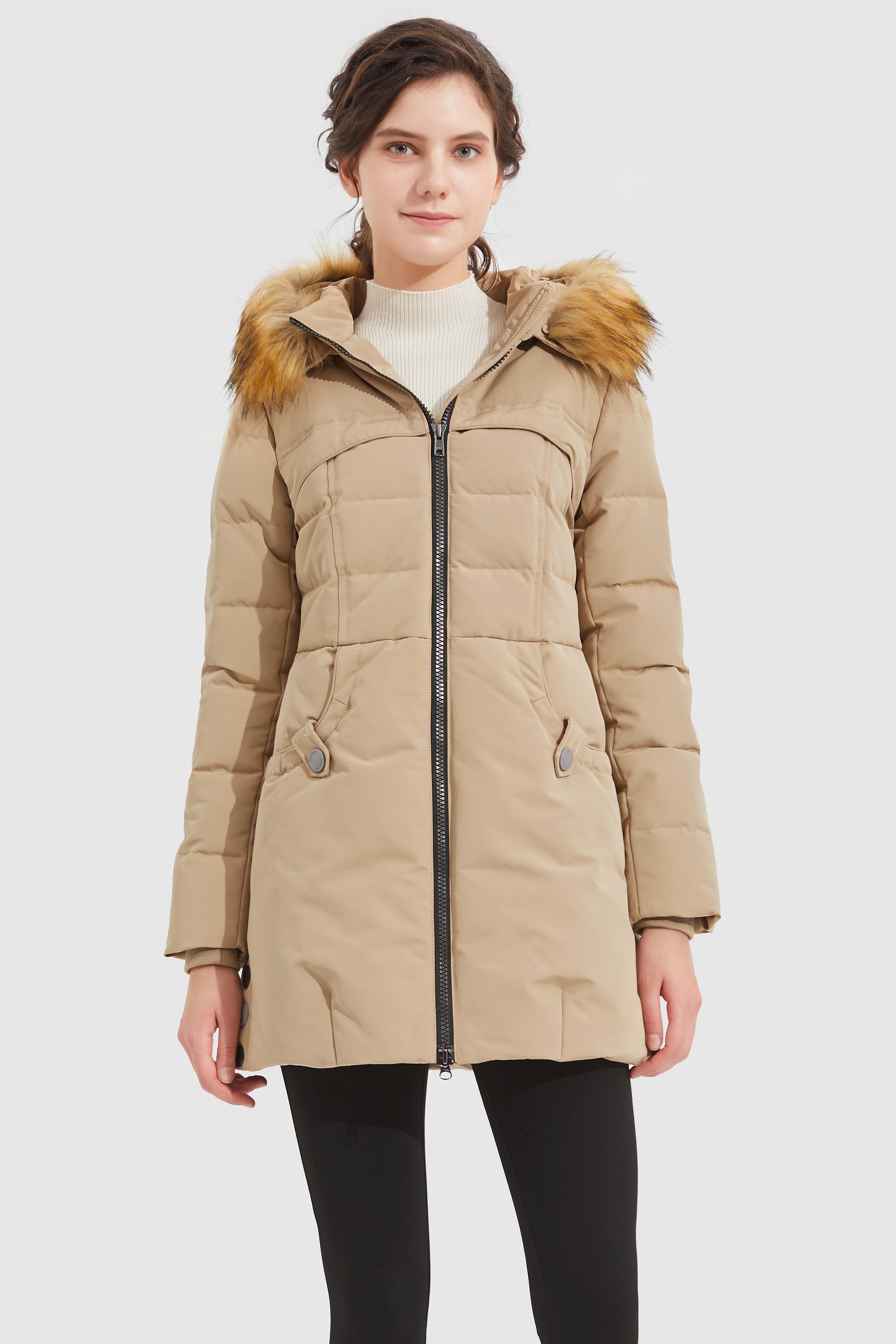 Orolay-Light Down Jacket Fur Trim Hooded Coat-#color_Toasted Almond