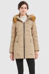 Orolay-Light Down Jacket Fur Trim Hooded Coat-#color_Toasted Almond