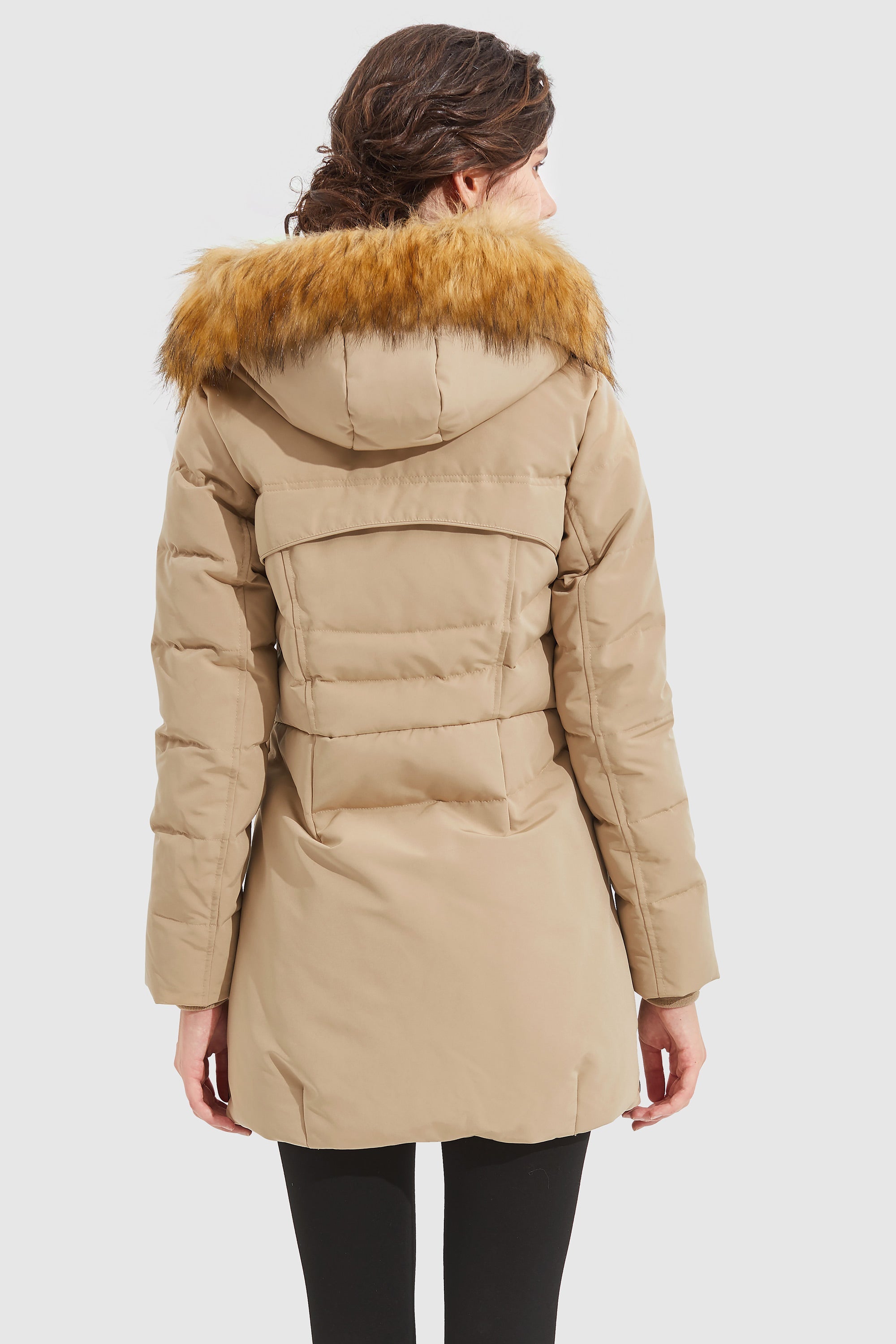 Orolay-Light Down Jacket Fur Trim Hooded Coat-#color_Toasted Almond