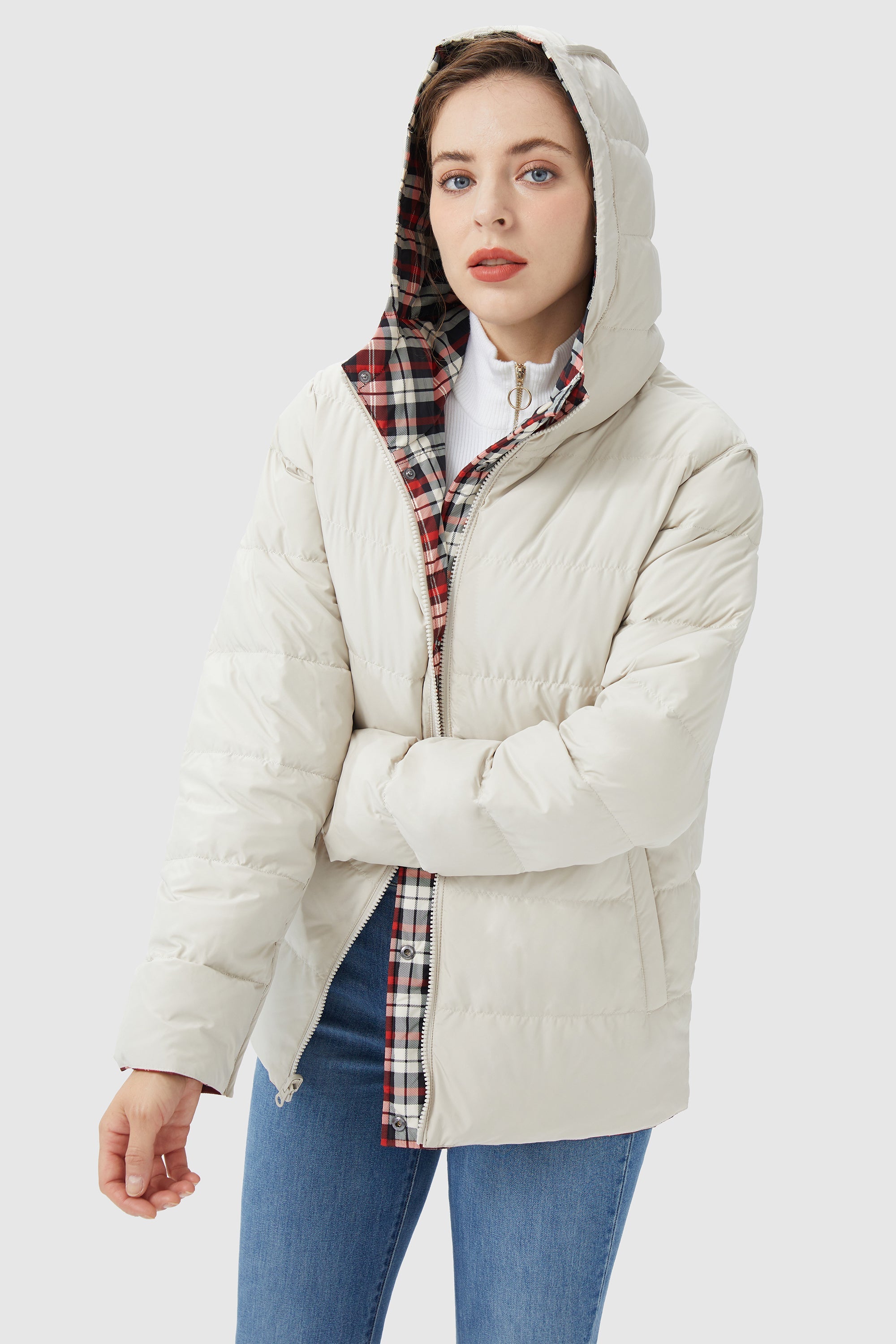 Orolay-Lightweight Reversible Down Jacket with Hood-#color_Red&White Plaid