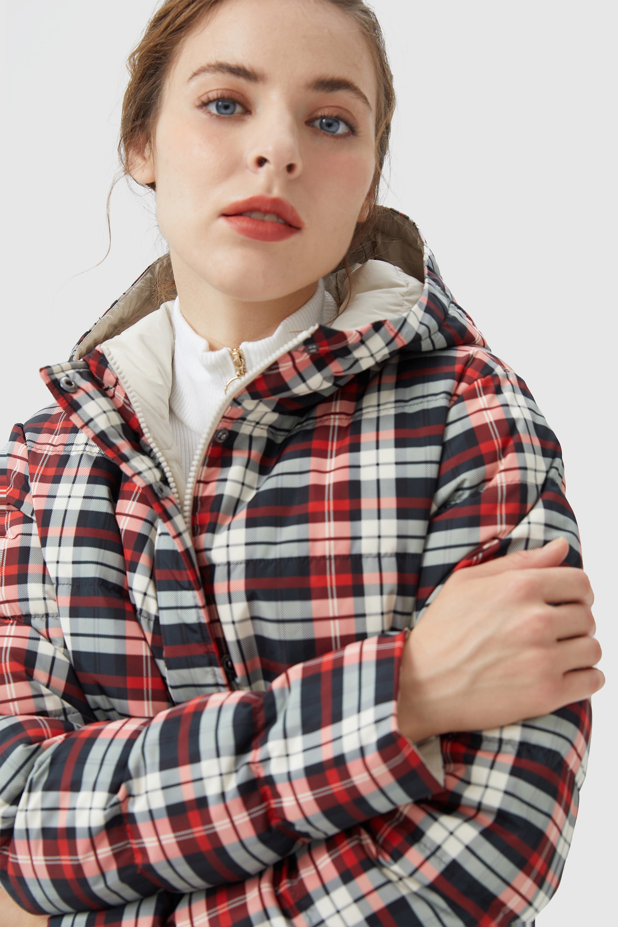 Orolay-Lightweight Reversible Down Jacket with Hood-#color_Red&White Plaid