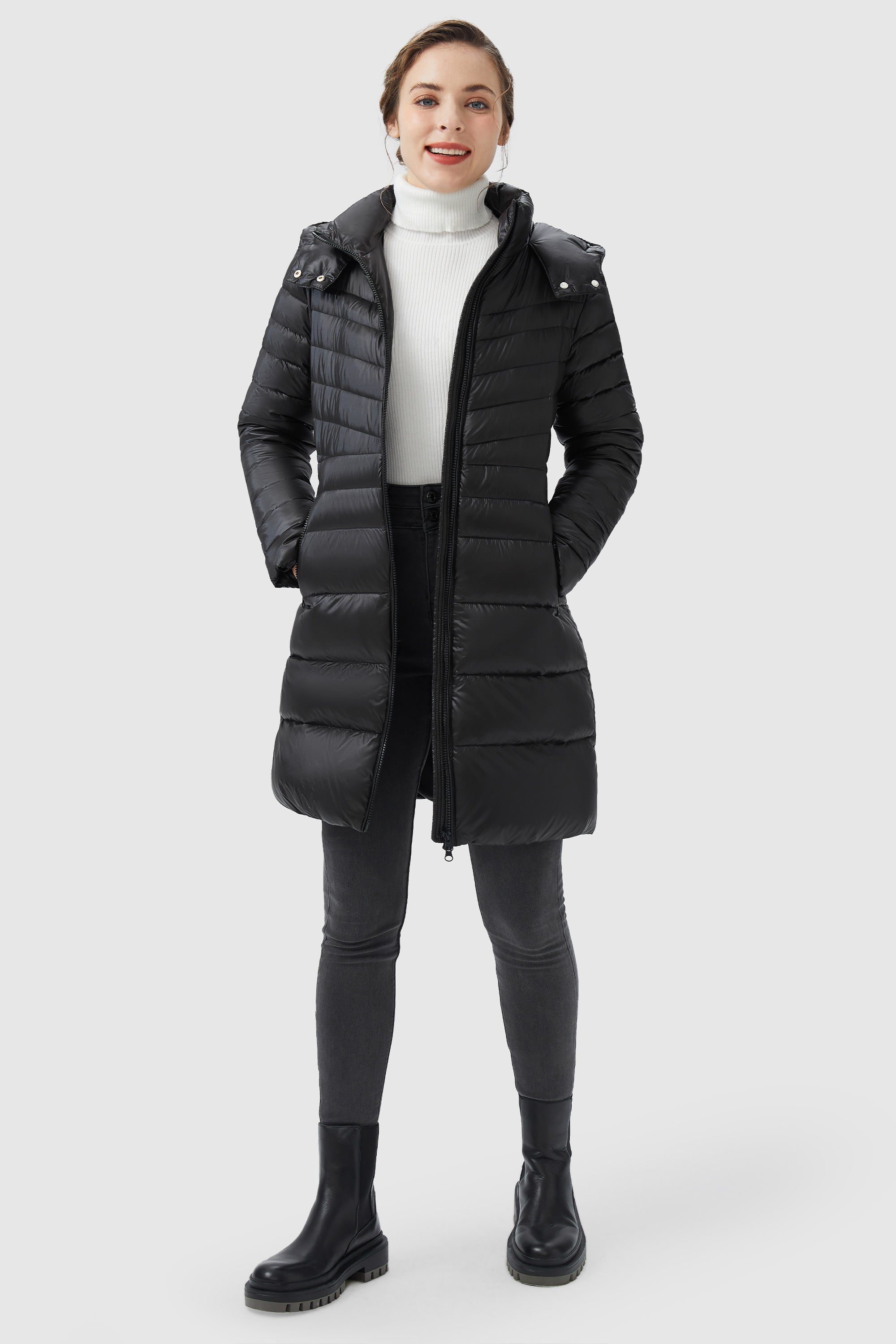 Orolay-Long Glossy Easy to Carry Light Down Jacket-#color_Black