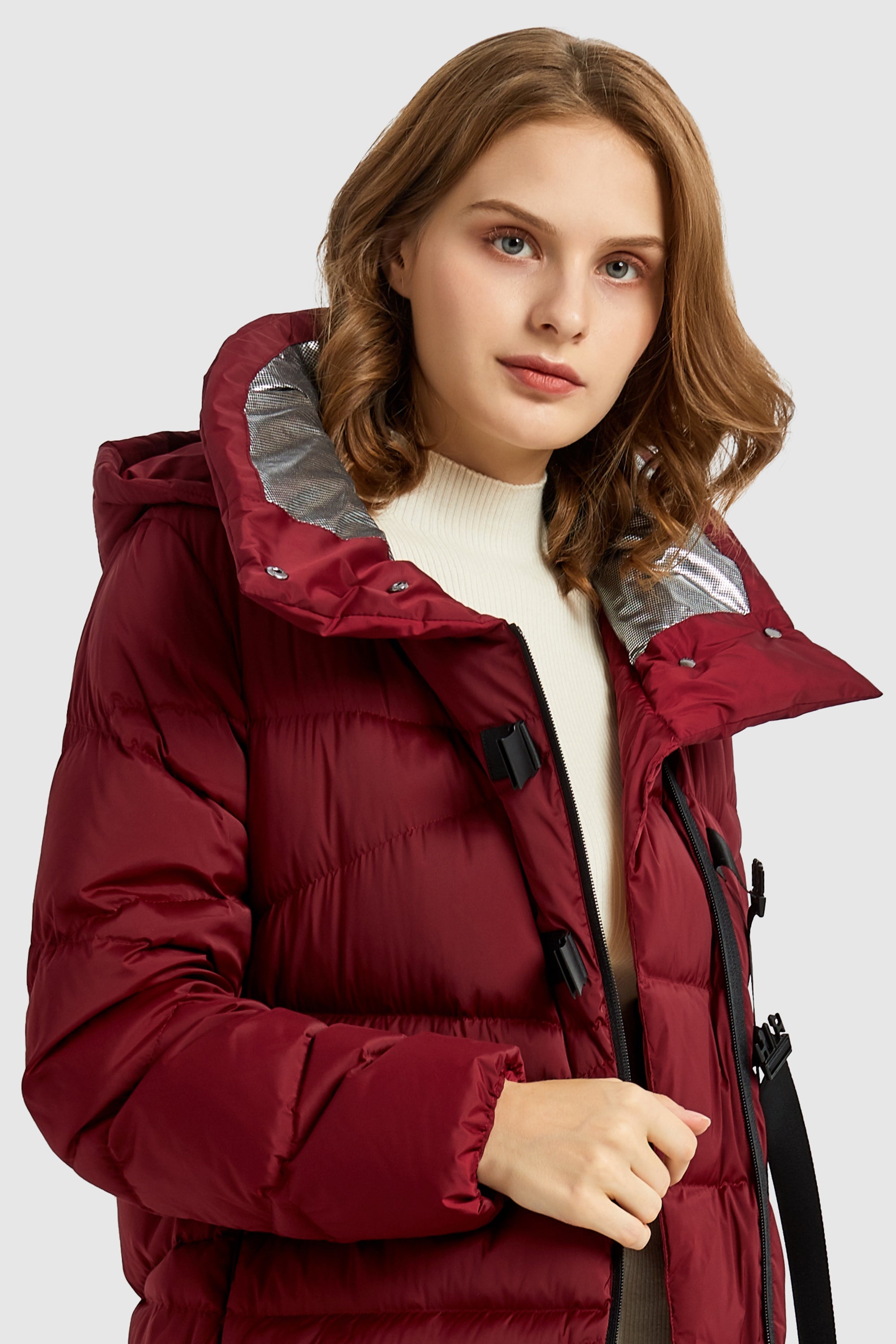 Orolay-Long Hooded Asymmetric Puffer Jacket-#color_Red Dahlia