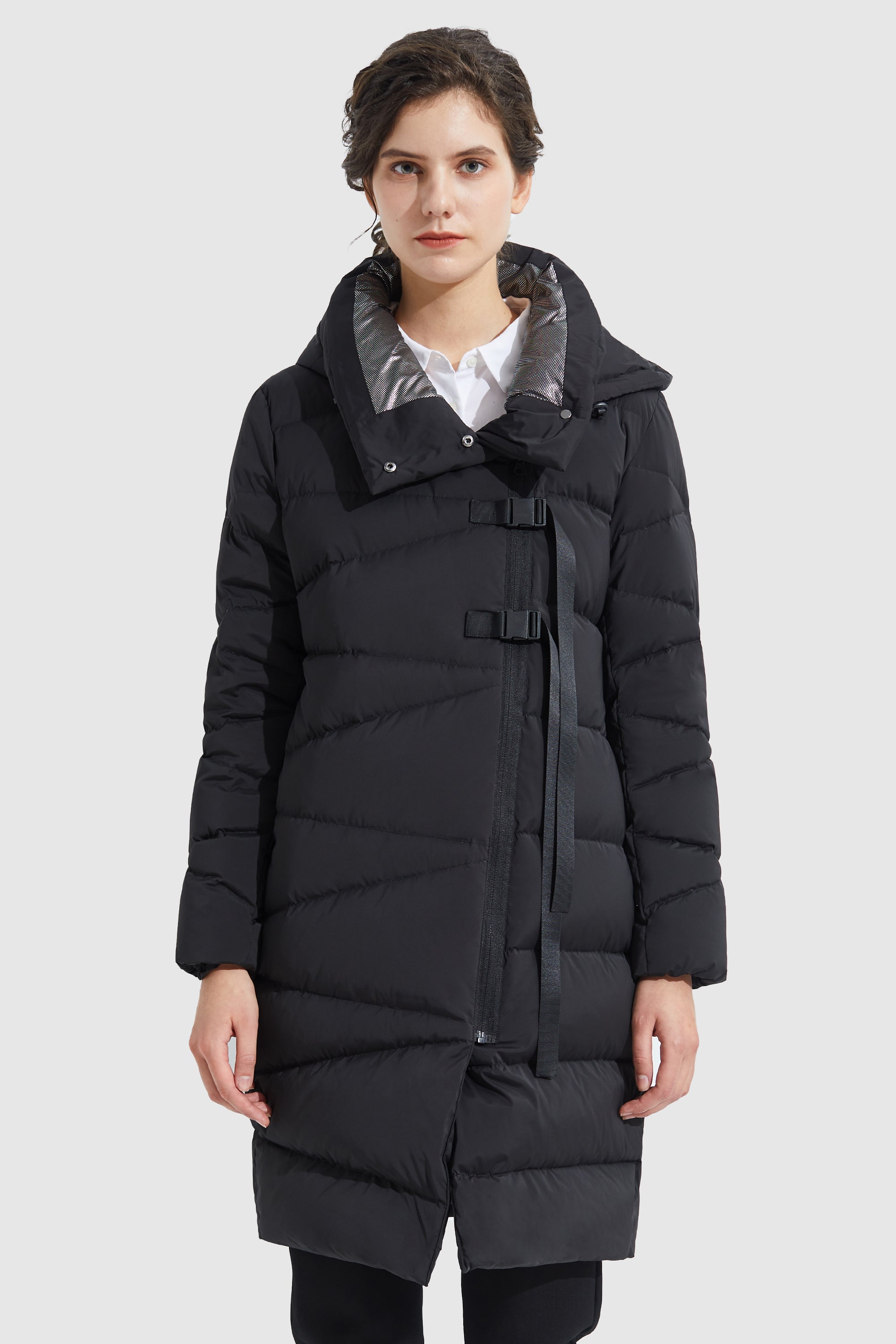 Orolay-Long Hooded Asymmetric Puffer Jacket-#color_Black