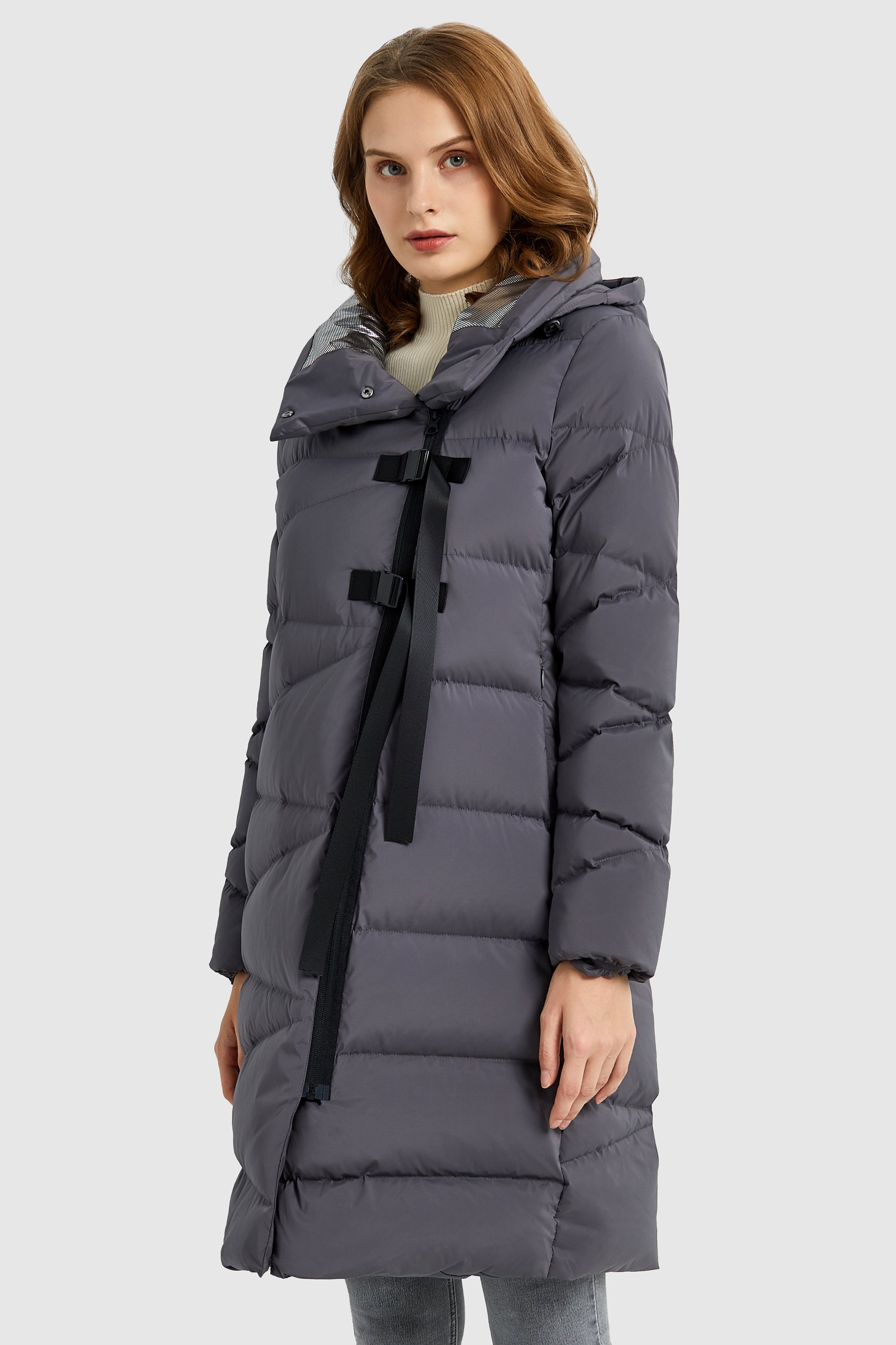 Orolay-Long Hooded Asymmetric Puffer Jacket-#color_Odyssey Gray