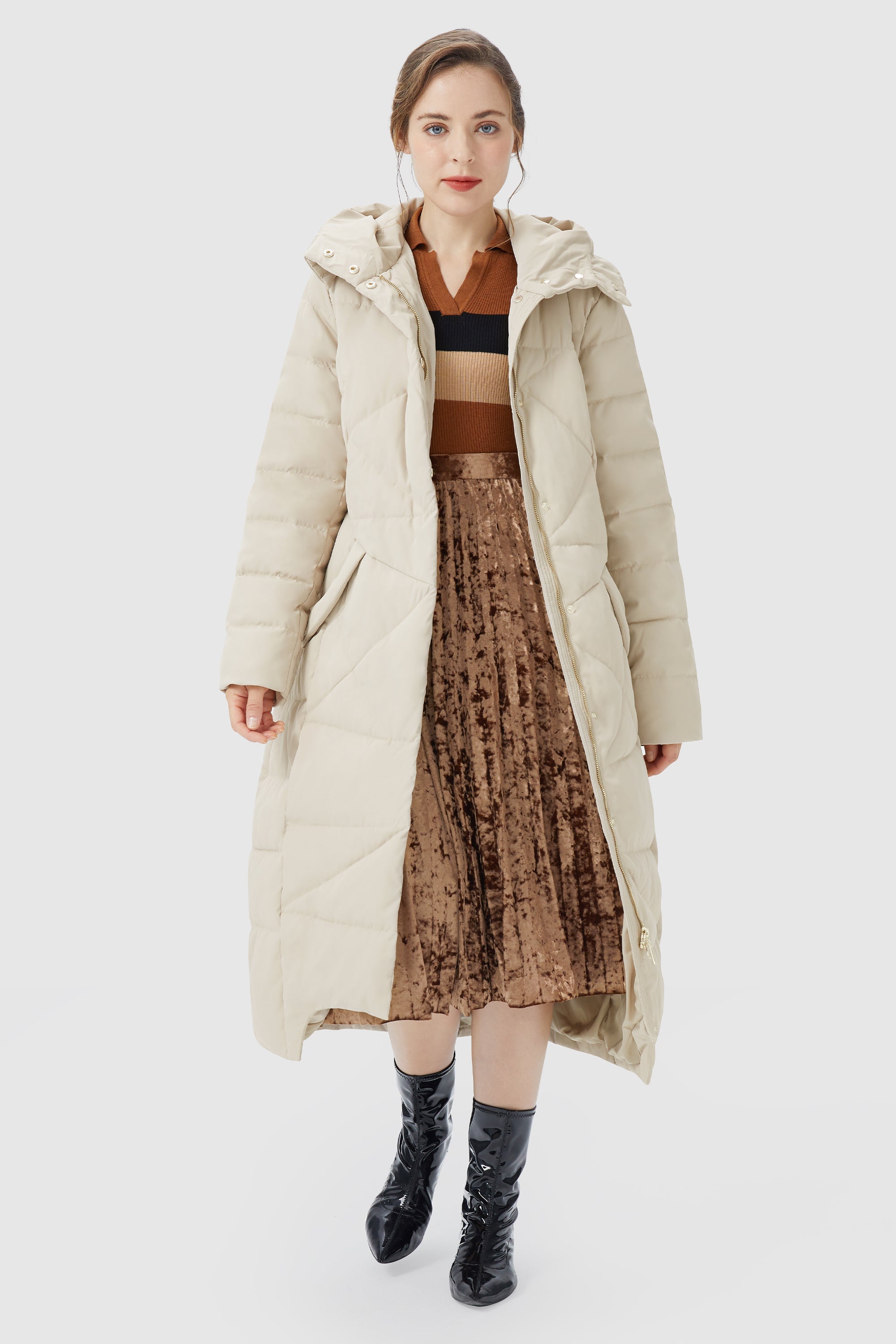 Orolay-Long Maxi Down Coat with Hood-Orolay Long Maxi Down Coat with Hood women #color_Tofu