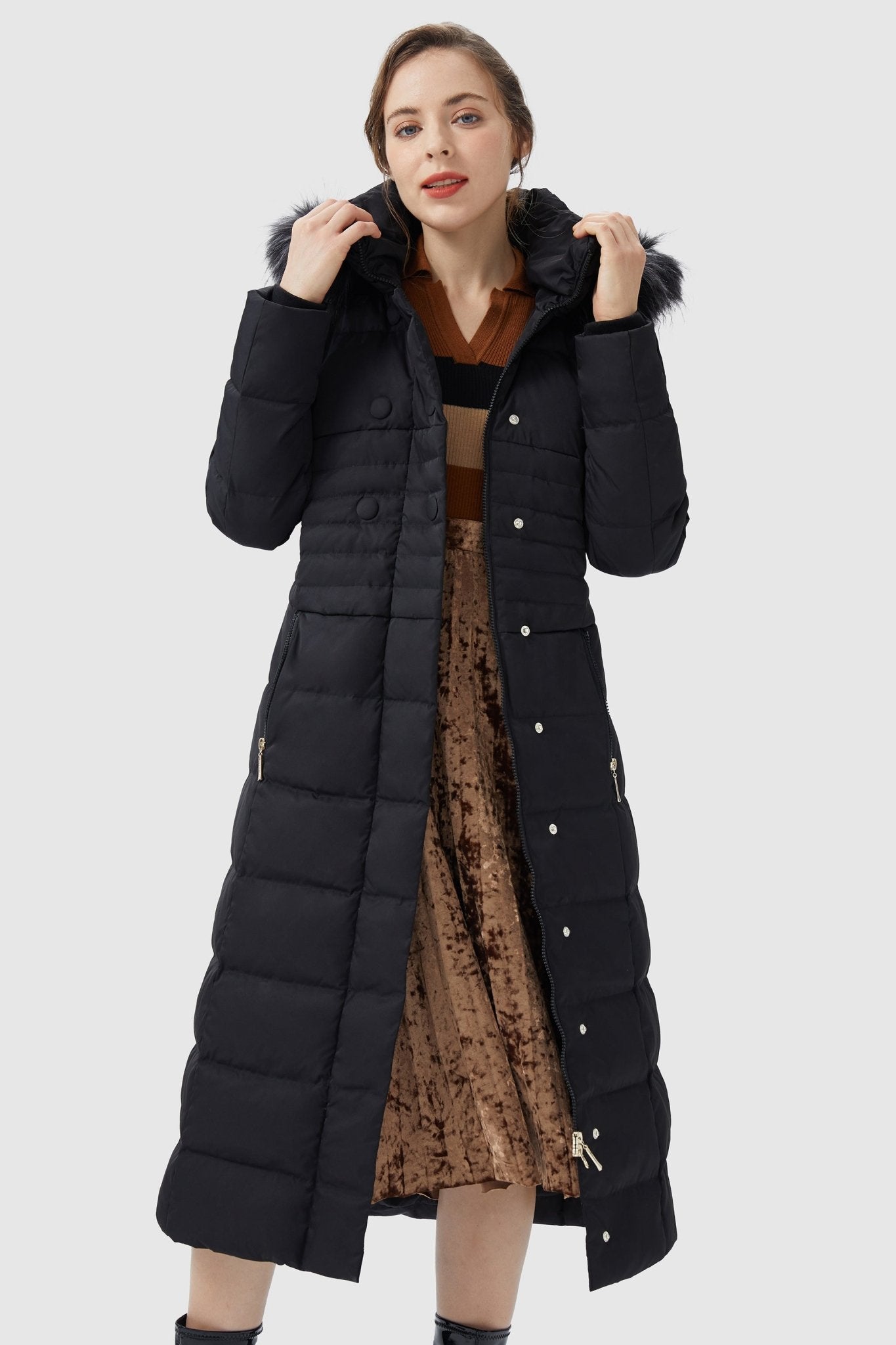 Orolay-Long Puffer Coat with Hood Fur-Long Puffer Coat with Hood Fur - Orolay, #color_Black