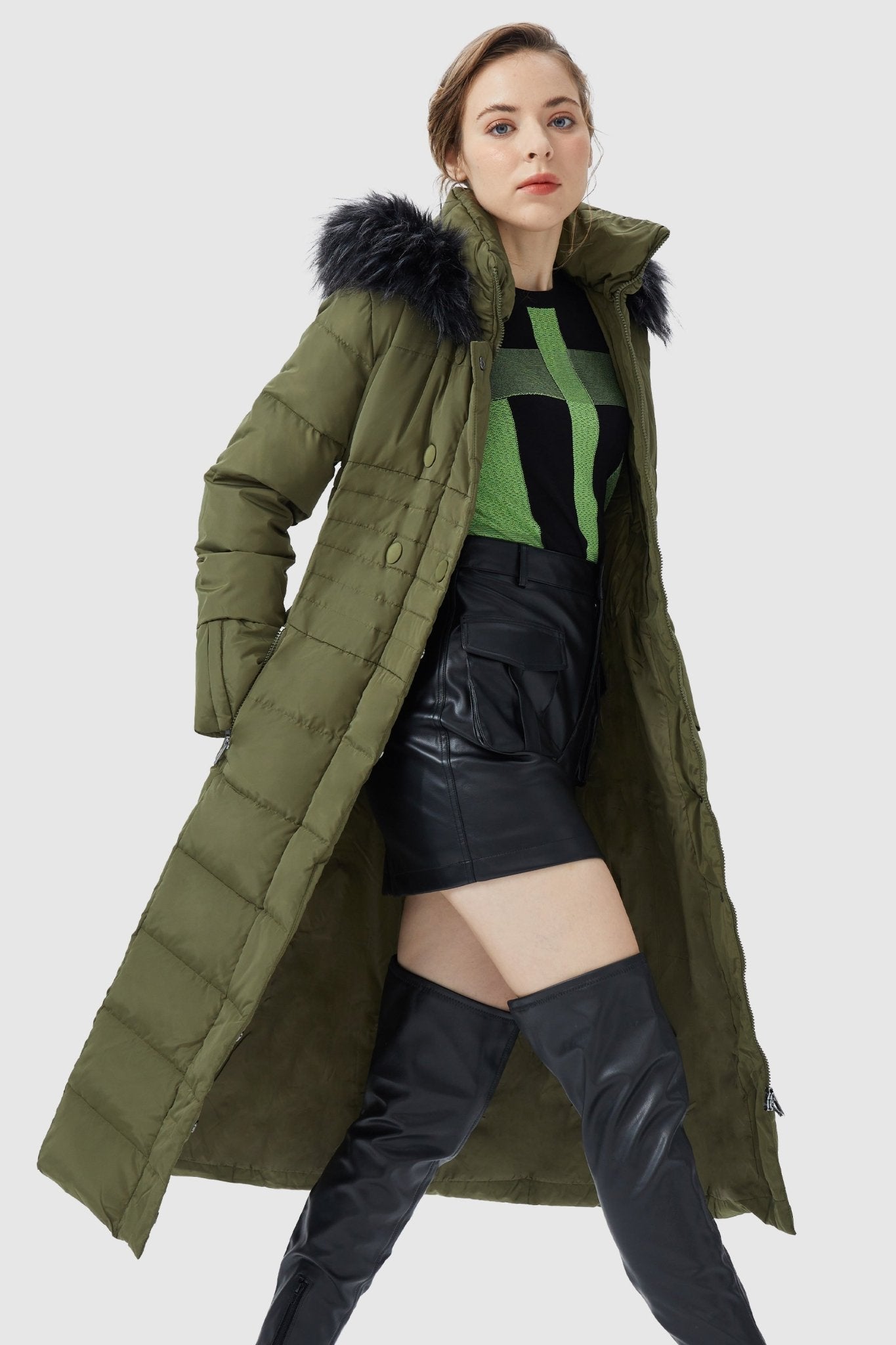 Orolay-Long Puffer Coat with Hood Fur-Long Puffer Coat with Hood Fur - Orolay, #color_Peat Moss