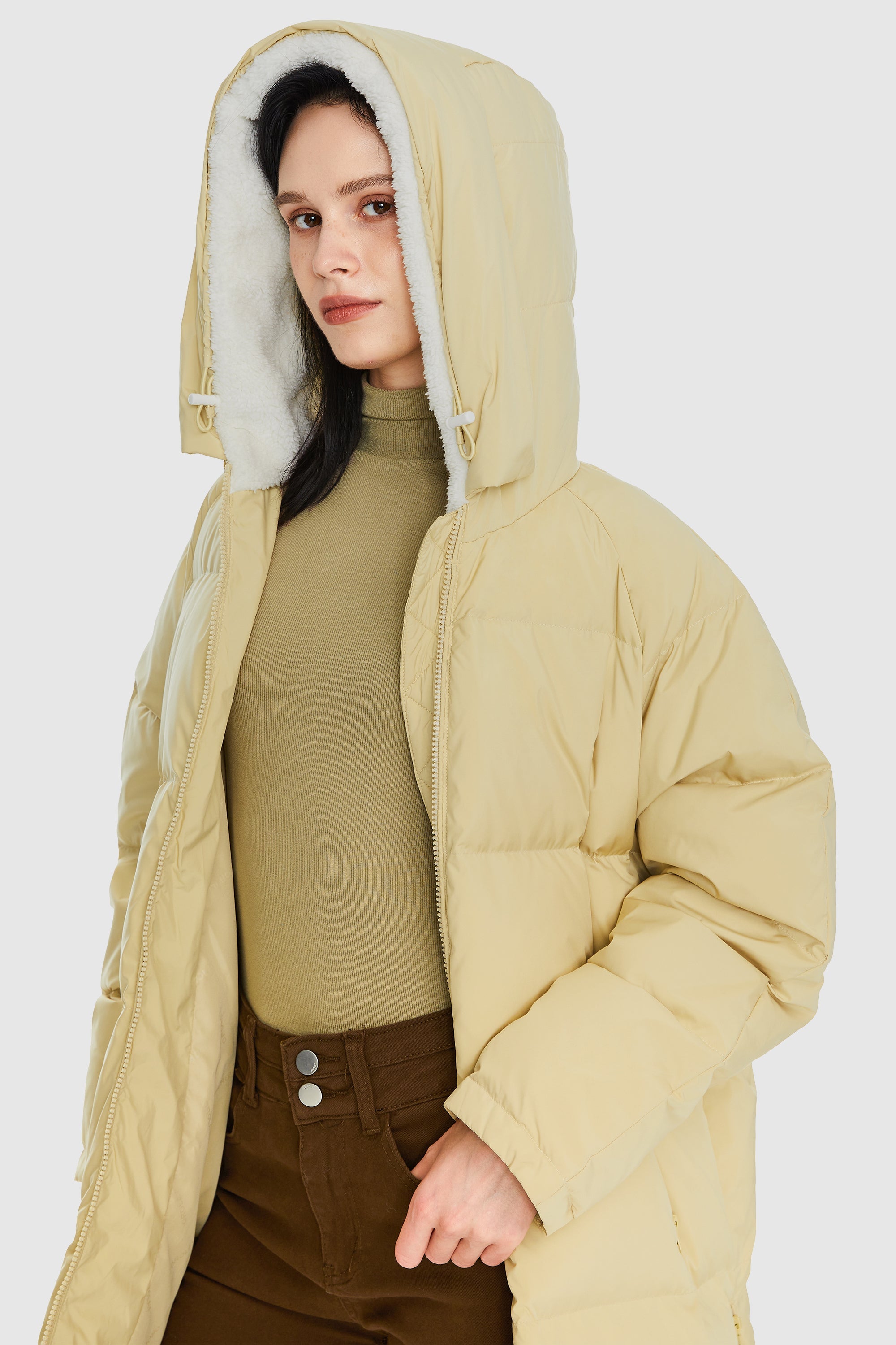 Orolay-Long Puffer Down Jacket with Hem Slit-#color_Almond Oil