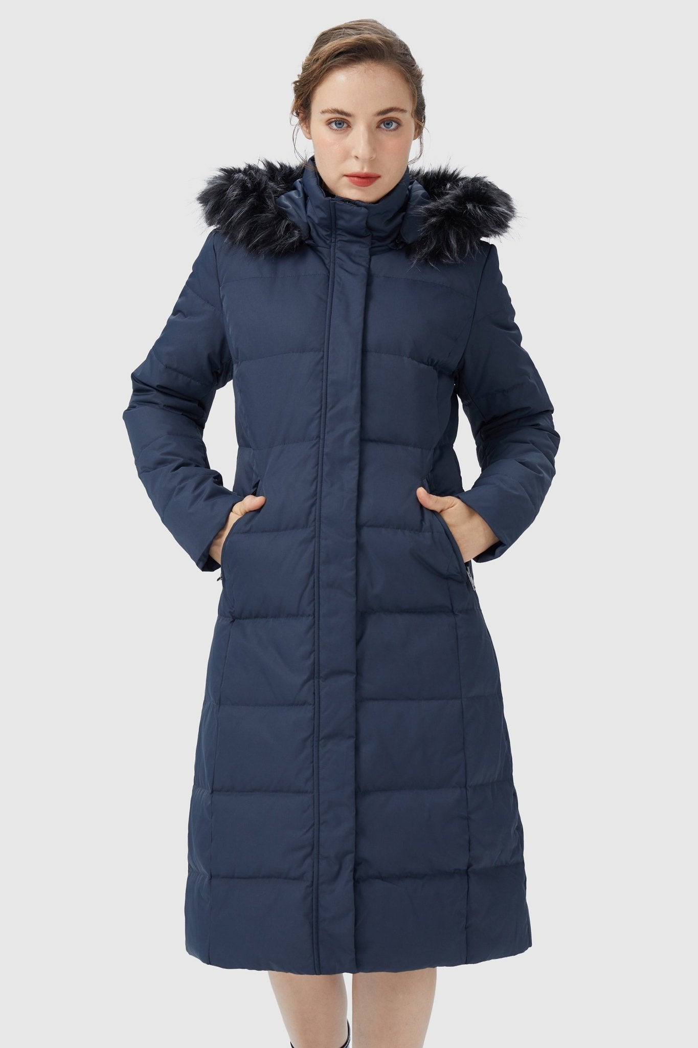 Orolay-Long Puffer Faux Fur Hood Down Coat-Long Puffer Faux Fur Hood Down Coat - Orolay, #color_Blueprint