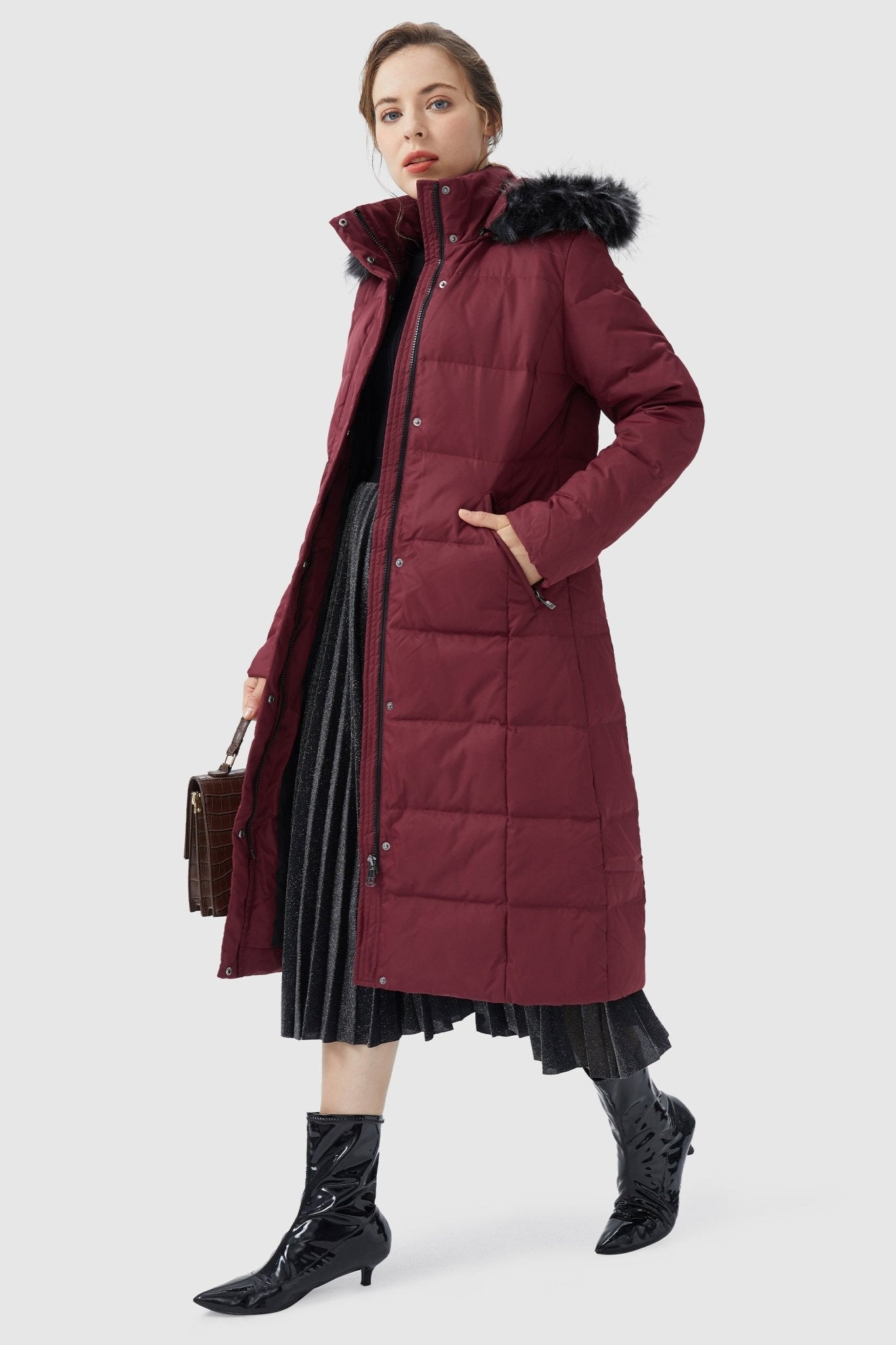 Orolay-Long Puffer Faux Fur Hood Down Coat-Long Puffer Faux Fur Hood Down Coat - Orolay, #color_Syrah