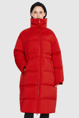 Orolay-Long Puffer Jacket with Velcro Belt-#color_Racing Red