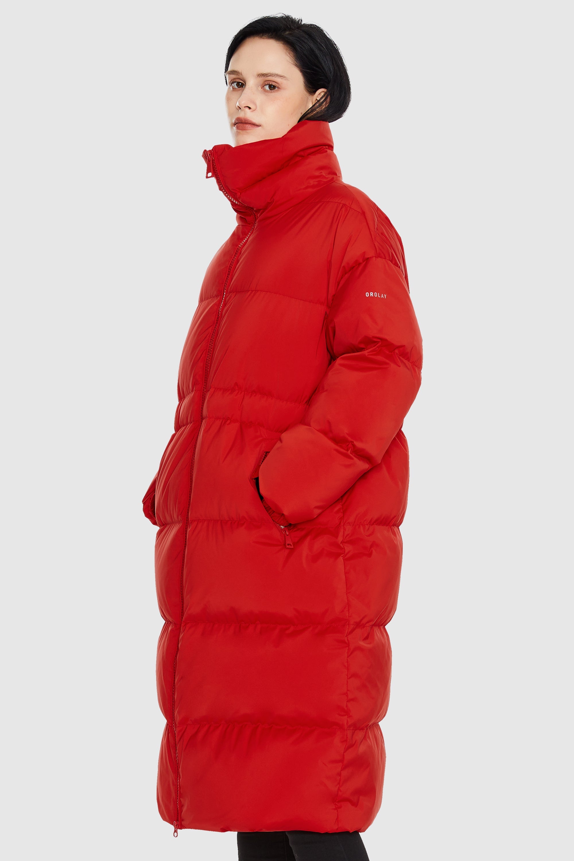 Orolay-Long Puffer Jacket with Velcro Belt-#color_Racing Red