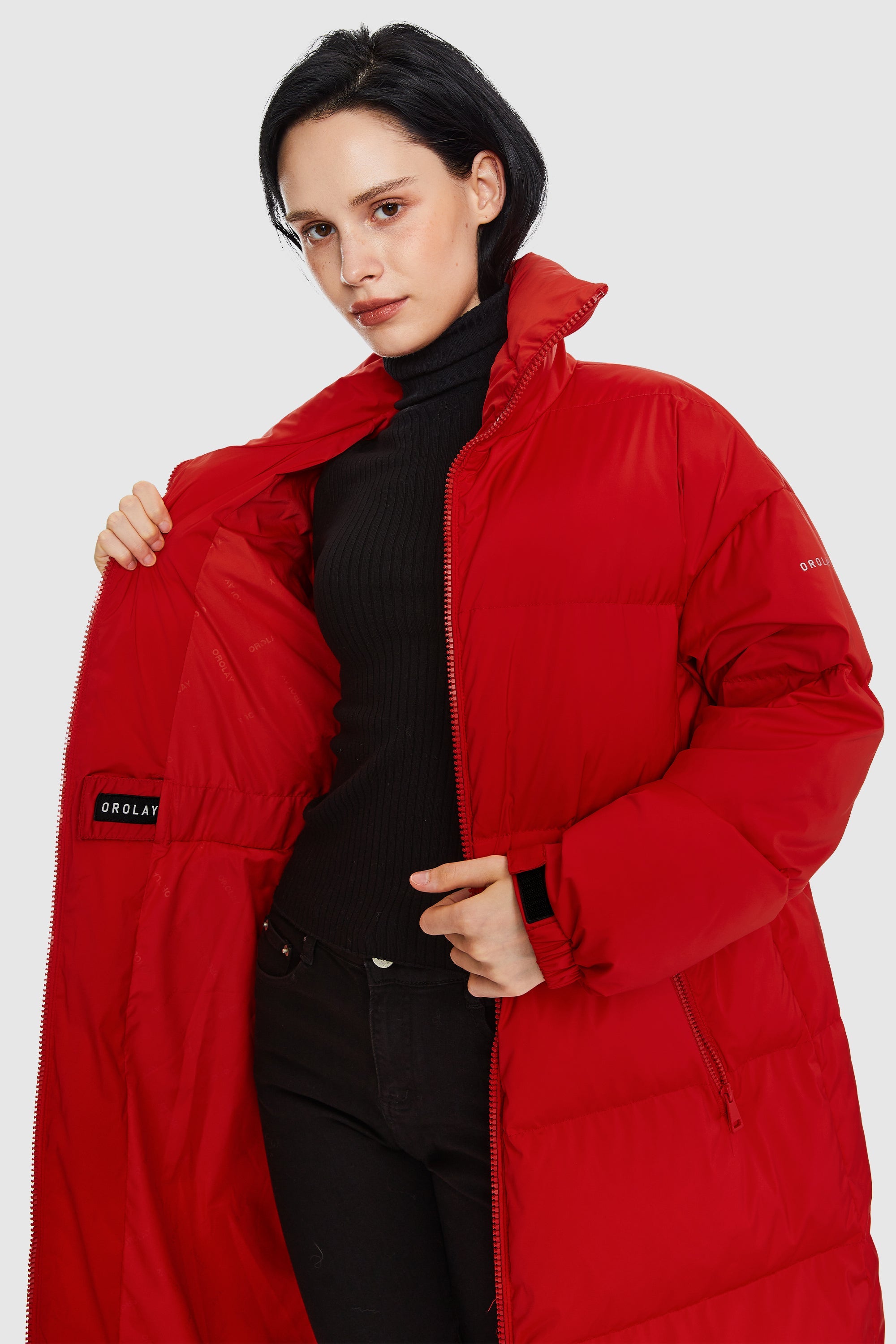 Orolay-Long Puffer Jacket with Velcro Belt-#color_Racing Red