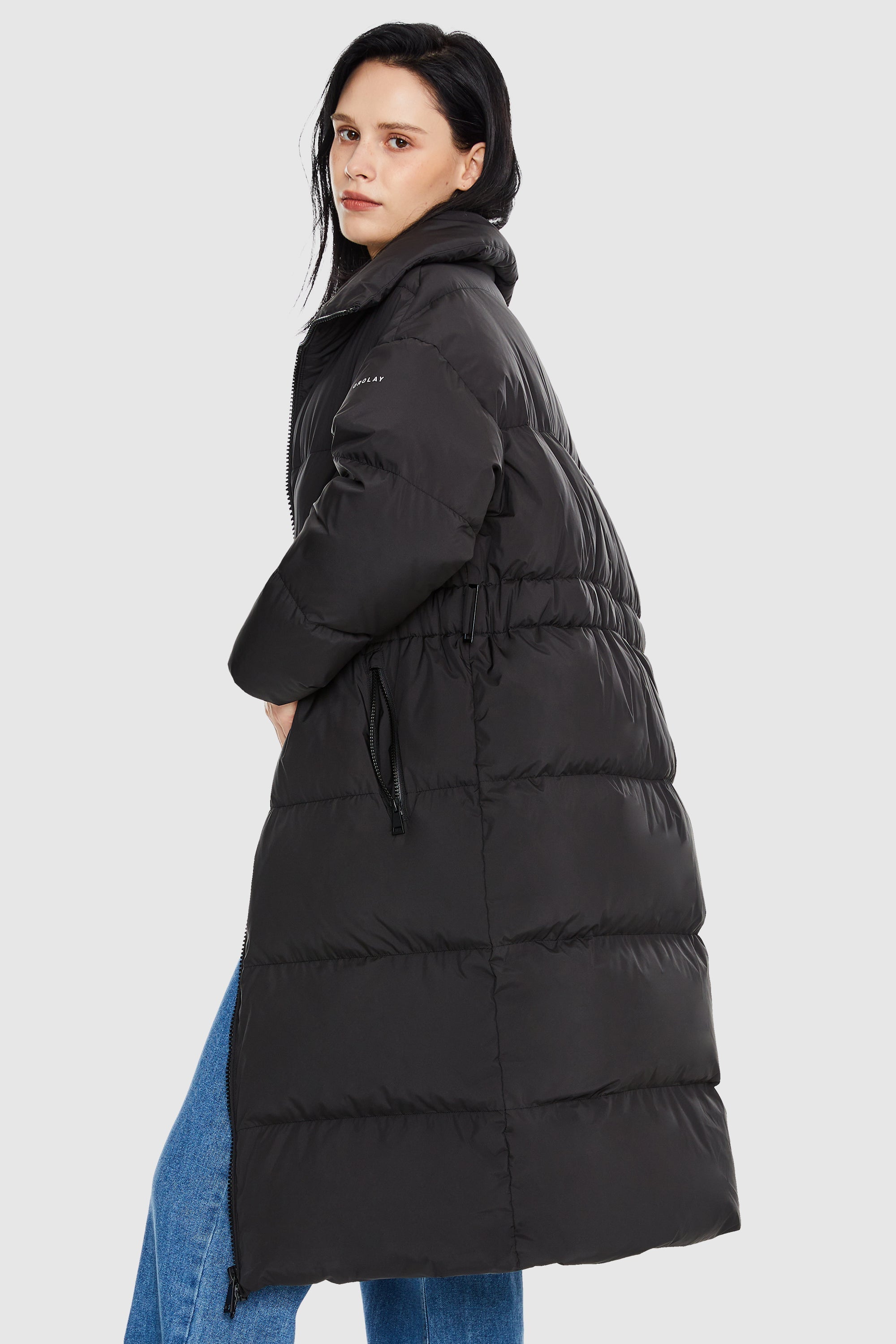 Orolay-Long Puffer Jacket with Velcro Belt-#color_Black