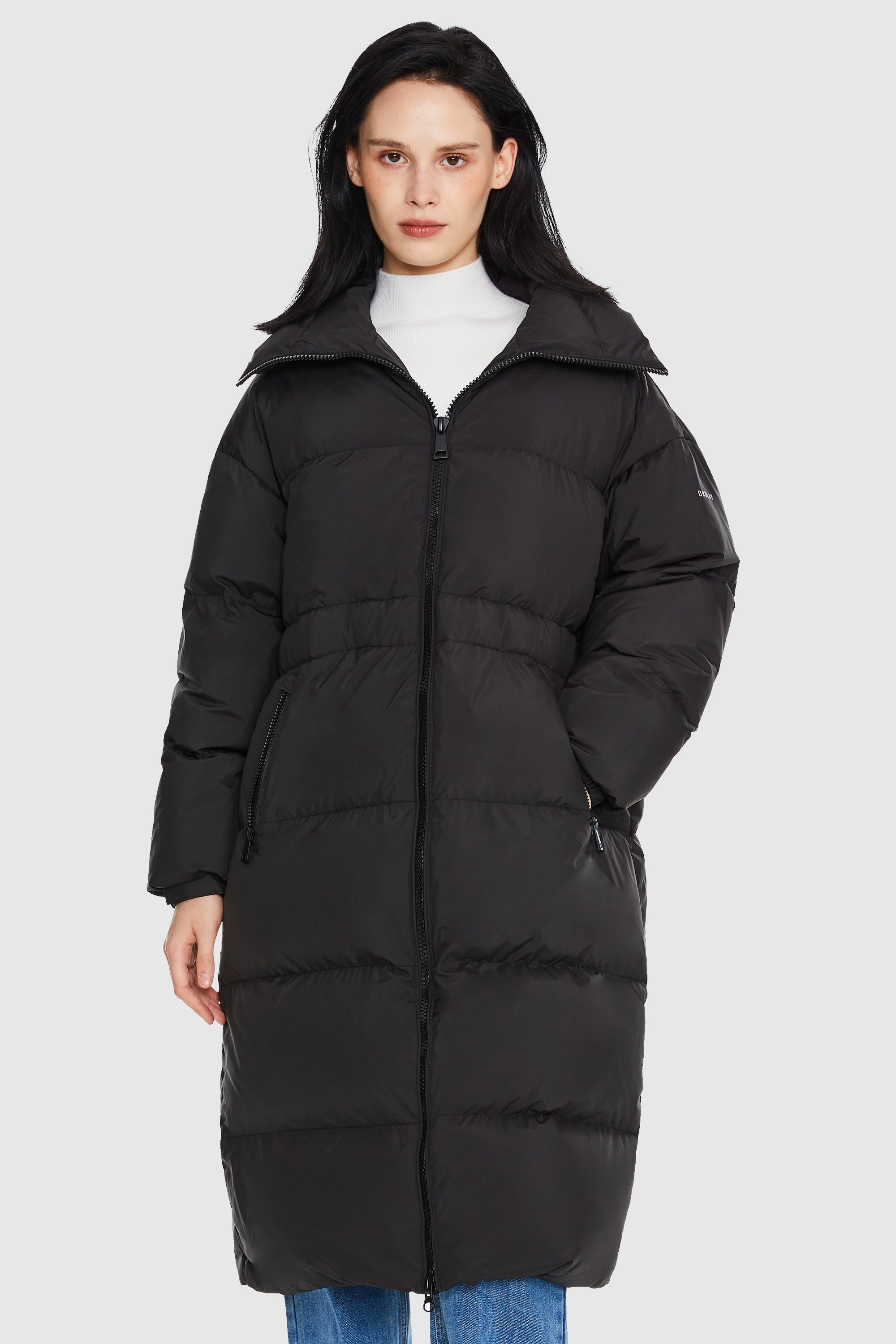 Orolay-Long Puffer Jacket with Velcro Belt-#color_Black