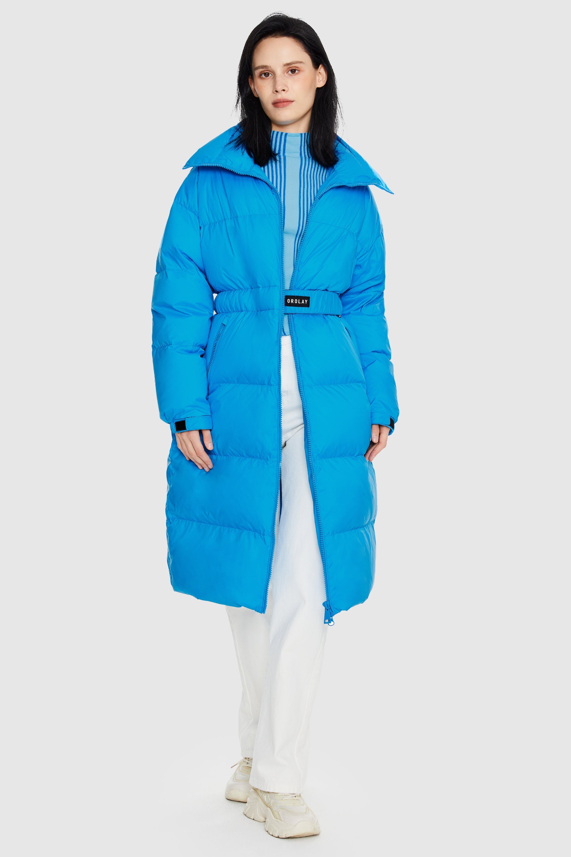 Orolay-Long Puffer Jacket with Velcro Belt-#color_Marina