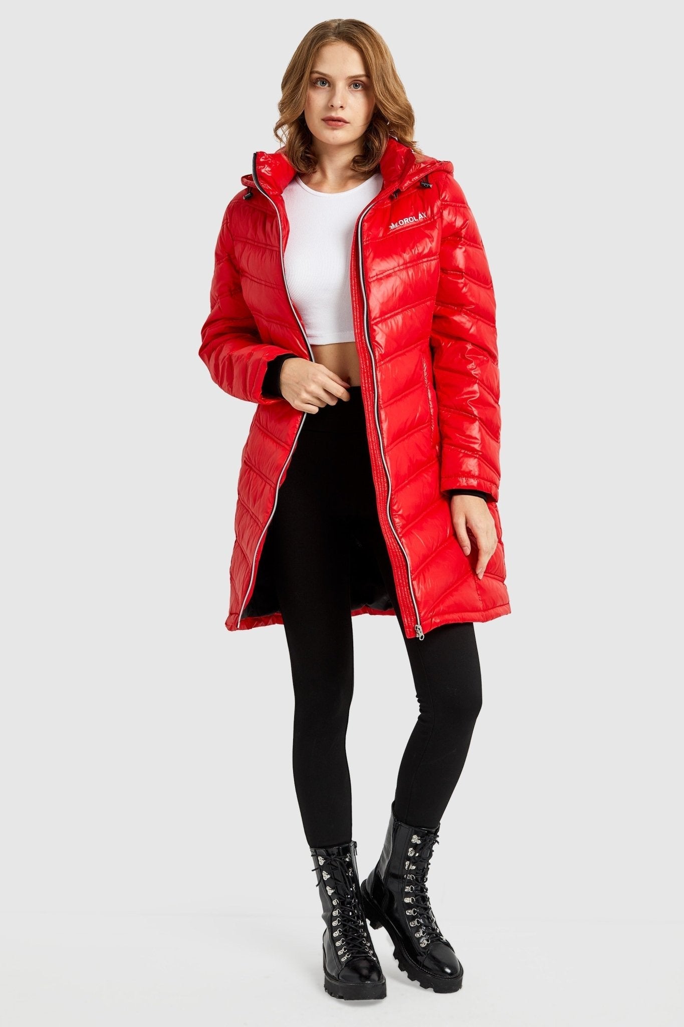 Orolay-Long Quilted Hooded Puffer Down Jacket-Long Quilted Hooded Puffer Down Jacket - Orolay, #color_Cherry Tomato